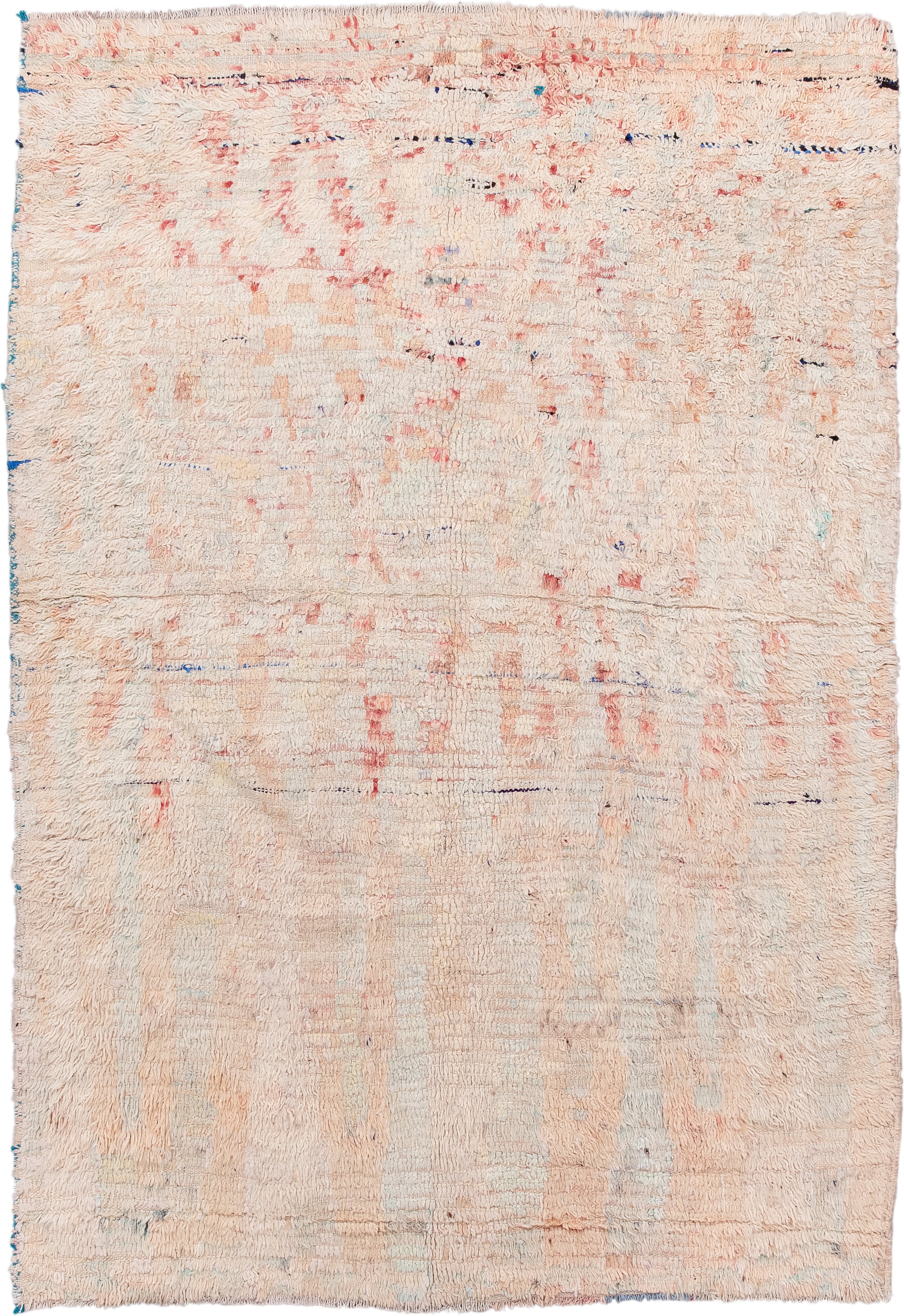 5' x 7' one-of-a-kind handmade antique Moroccan rug. Color palette: ivory, blush, peach, pale blue, cream, charcoal, pink