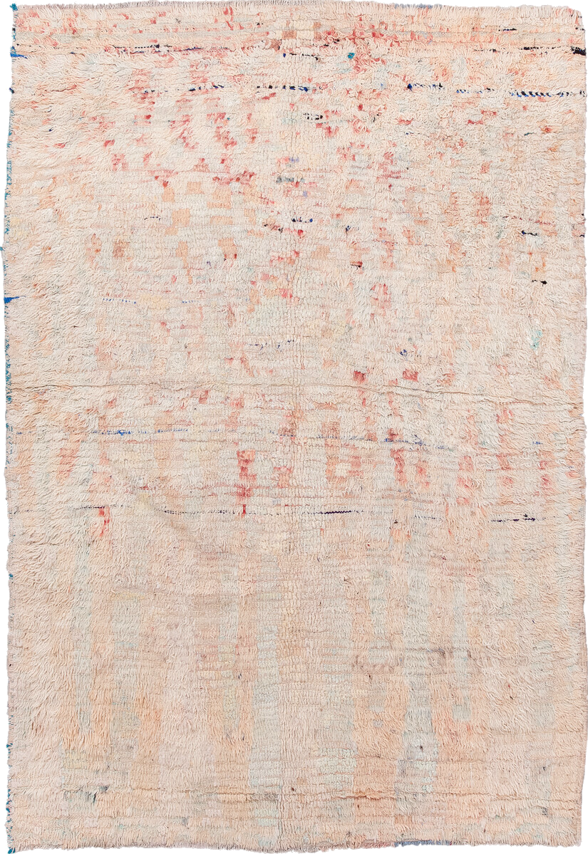 5' x 7' one-of-a-kind handmade vintage Moroccan rug. Color palette: blue, brown, gray, light gray, linen, off-white, orange