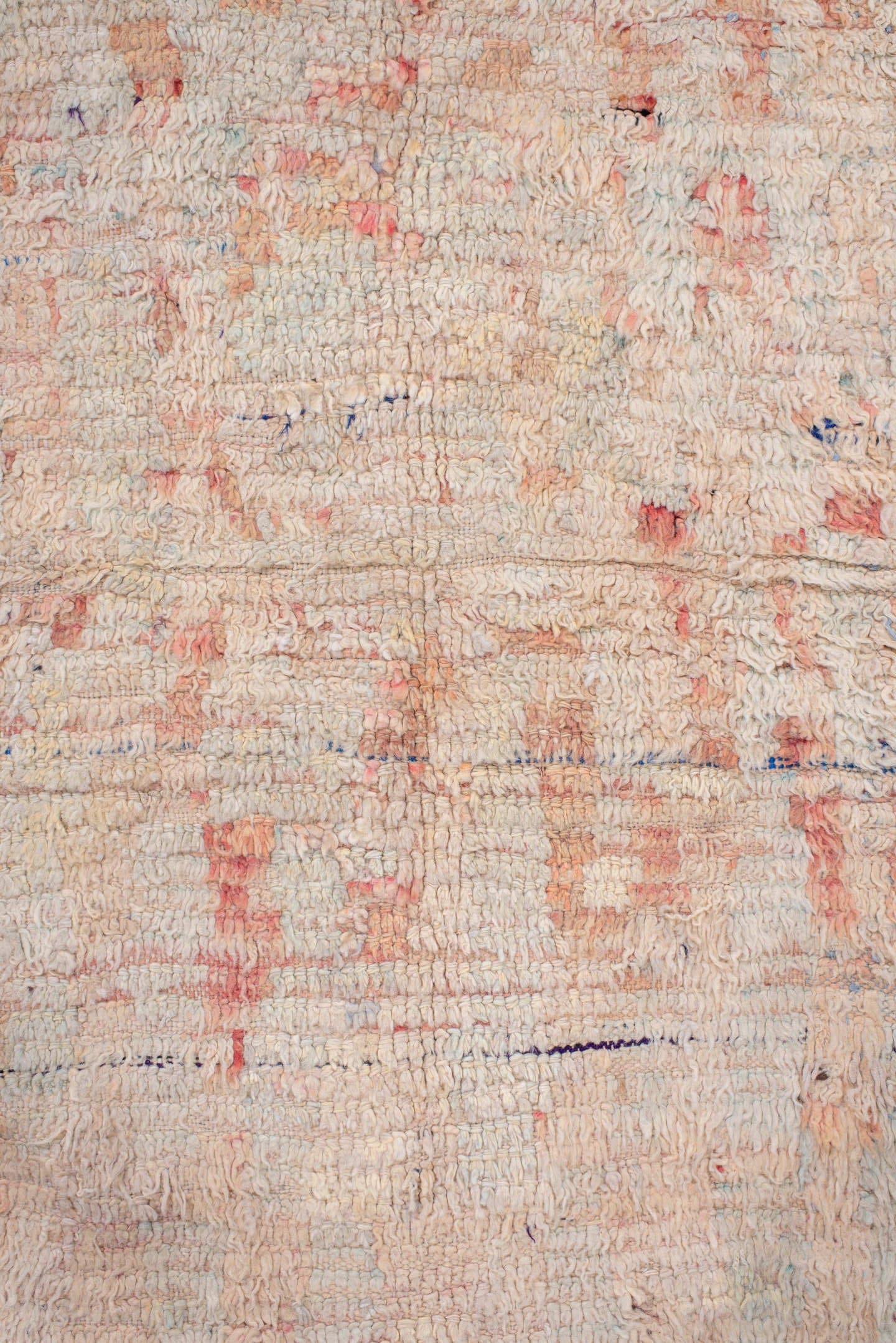 5' x 7' one-of-a-kind handmade antique Moroccan rug. Color palette: ivory, blush, peach, pale blue, cream, charcoal, pink
