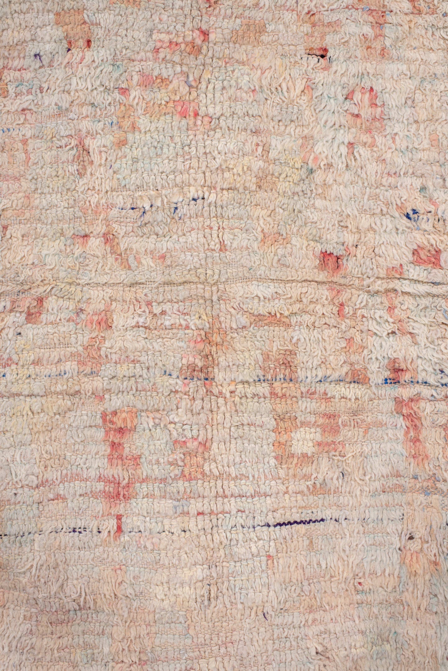 5' x 7' one-of-a-kind handmade antique Moroccan rug. Color palette: ivory, blush, peach, pale blue, cream, charcoal, pink