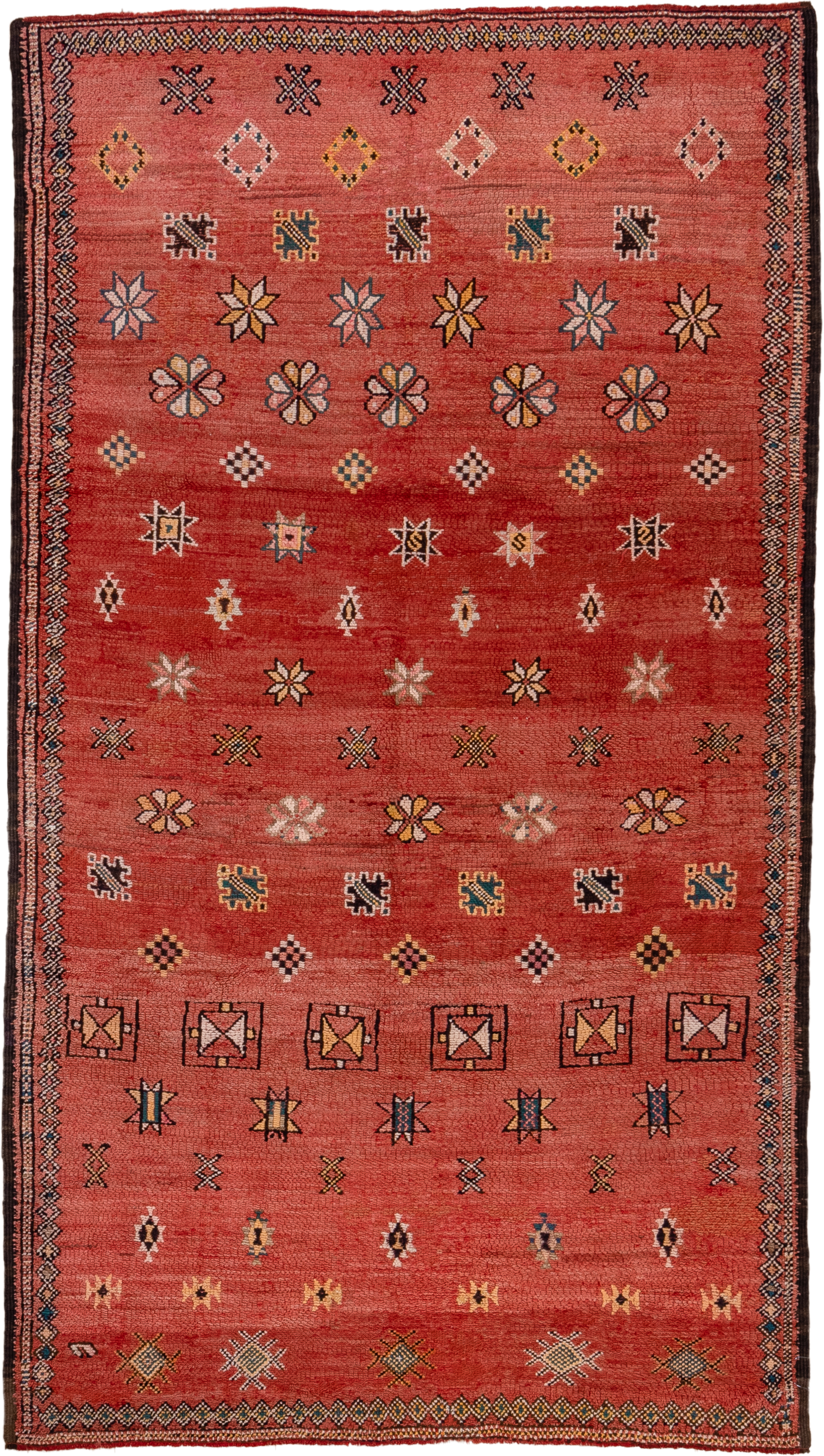 5' x 10' one-of-a-kind handmade antique Moroccan medium size rug. Color palette: terra cotta, rust, charcoal, ivory, gold