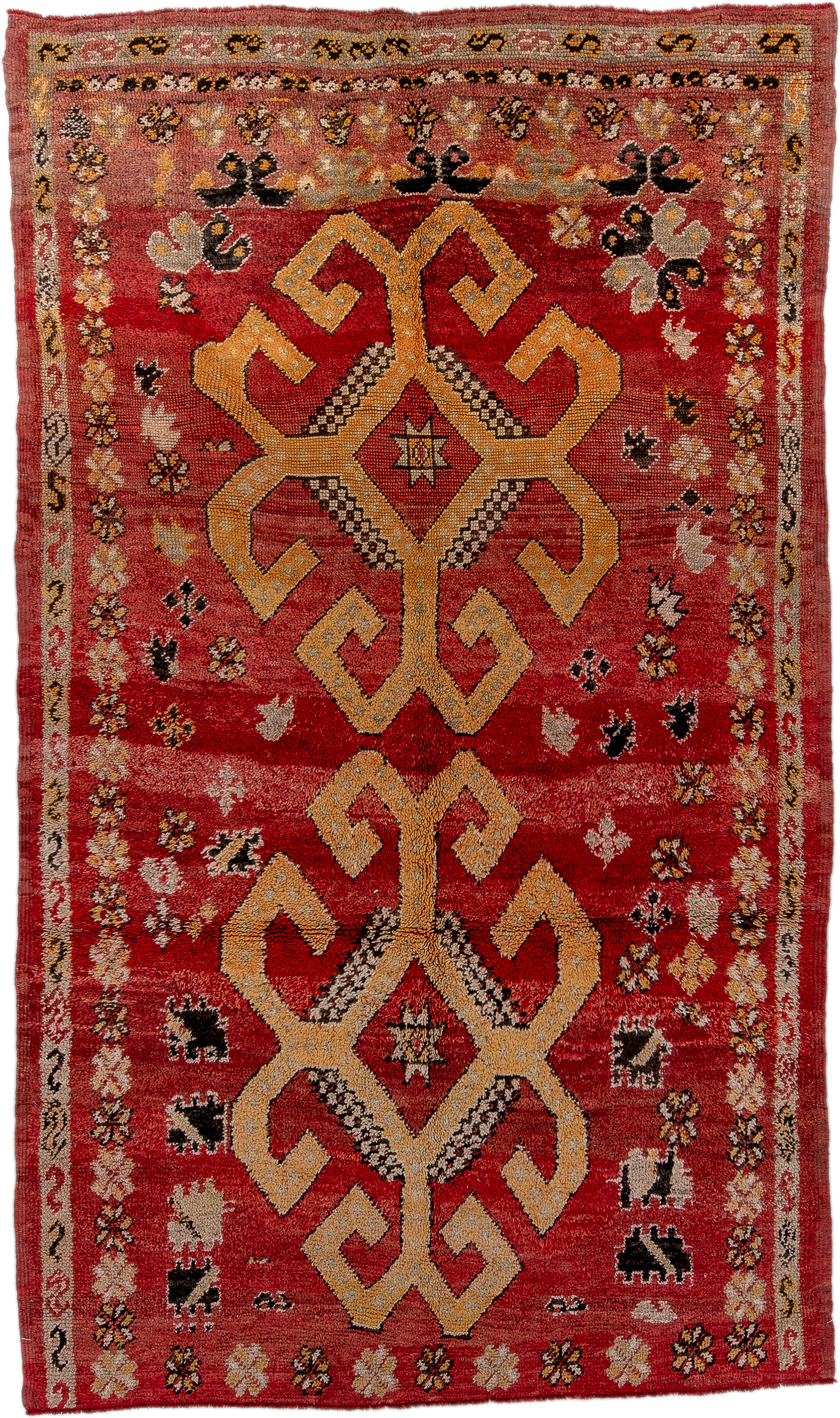 5' x 9' one-of-a-kind handmade antique Moroccan medium size rug. Color palette: red, gold, ivory, black, rose, rust, camel
