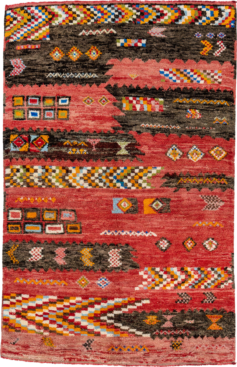 5' x 8' one-of-a-kind handmade vintage Moroccan medium size rug. Color palette: blue, brown, gainsboro, goldenrod, gray