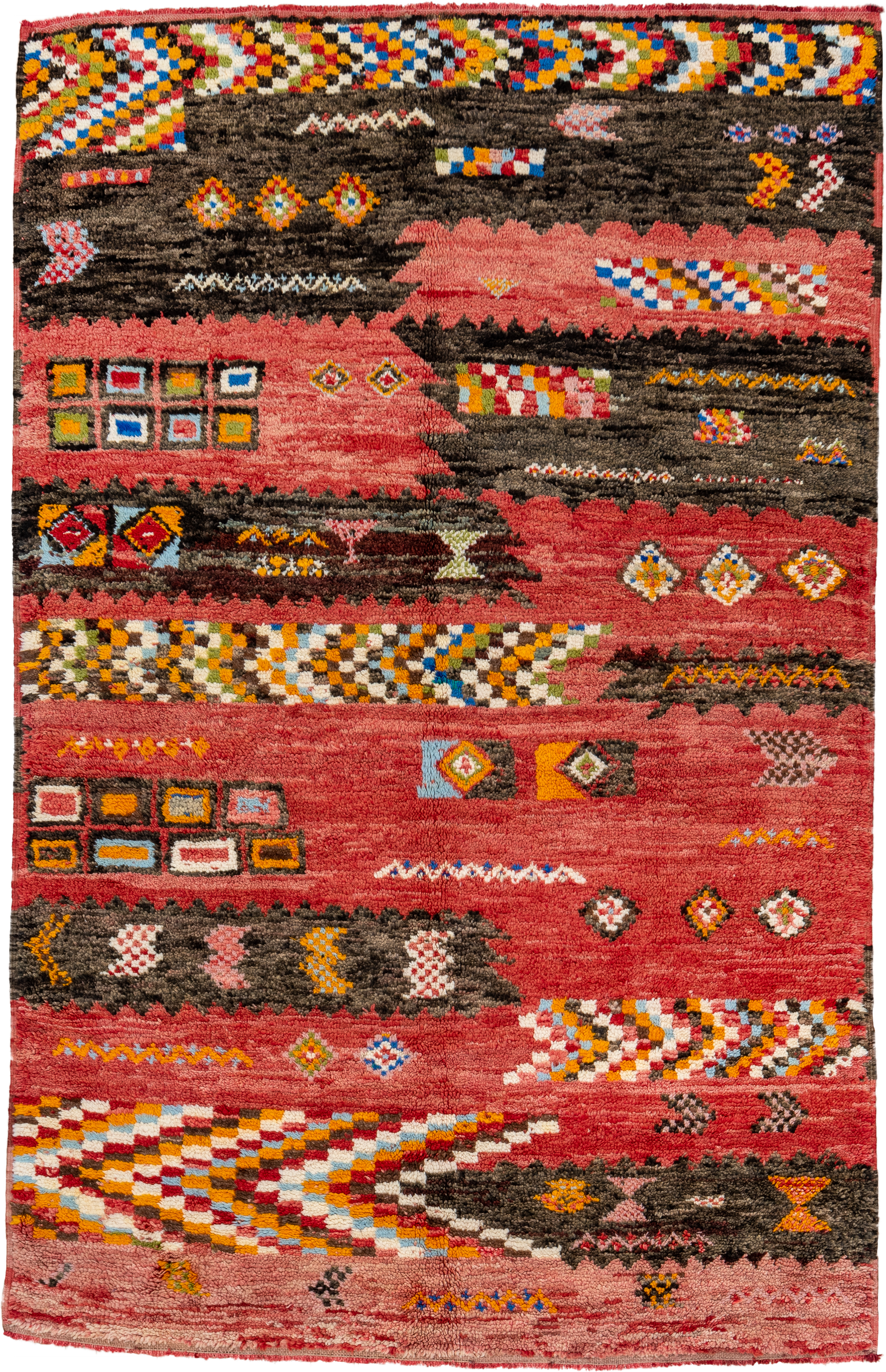 5' x 8' one-of-a-kind handmade vintage Moroccan medium size rug. Color palette: rose, brown, ivory, gold, sky_blue, crimson