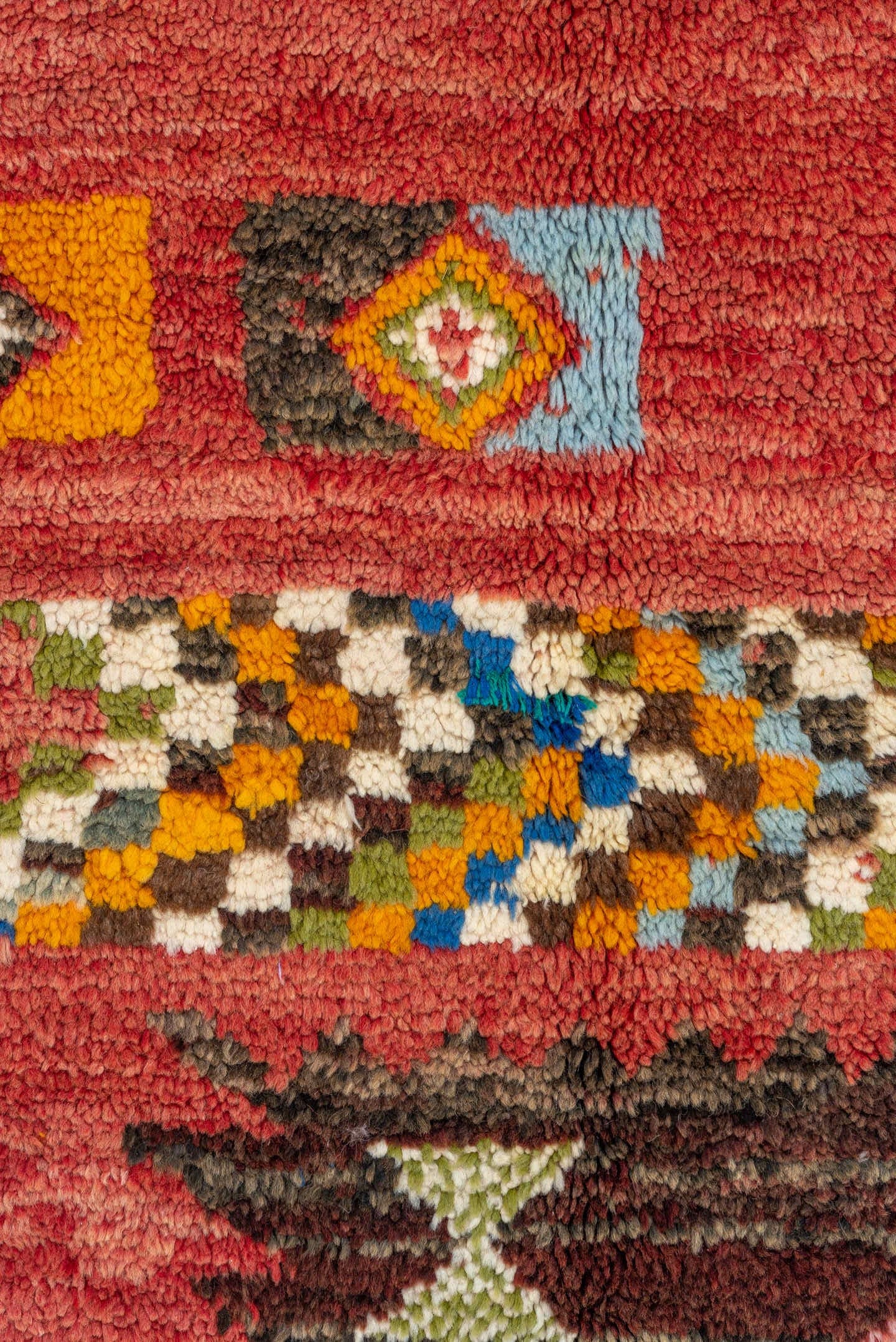 5' x 8' one-of-a-kind handmade vintage Moroccan medium size rug. Color palette: rose, brown, ivory, gold, sky_blue, crimson