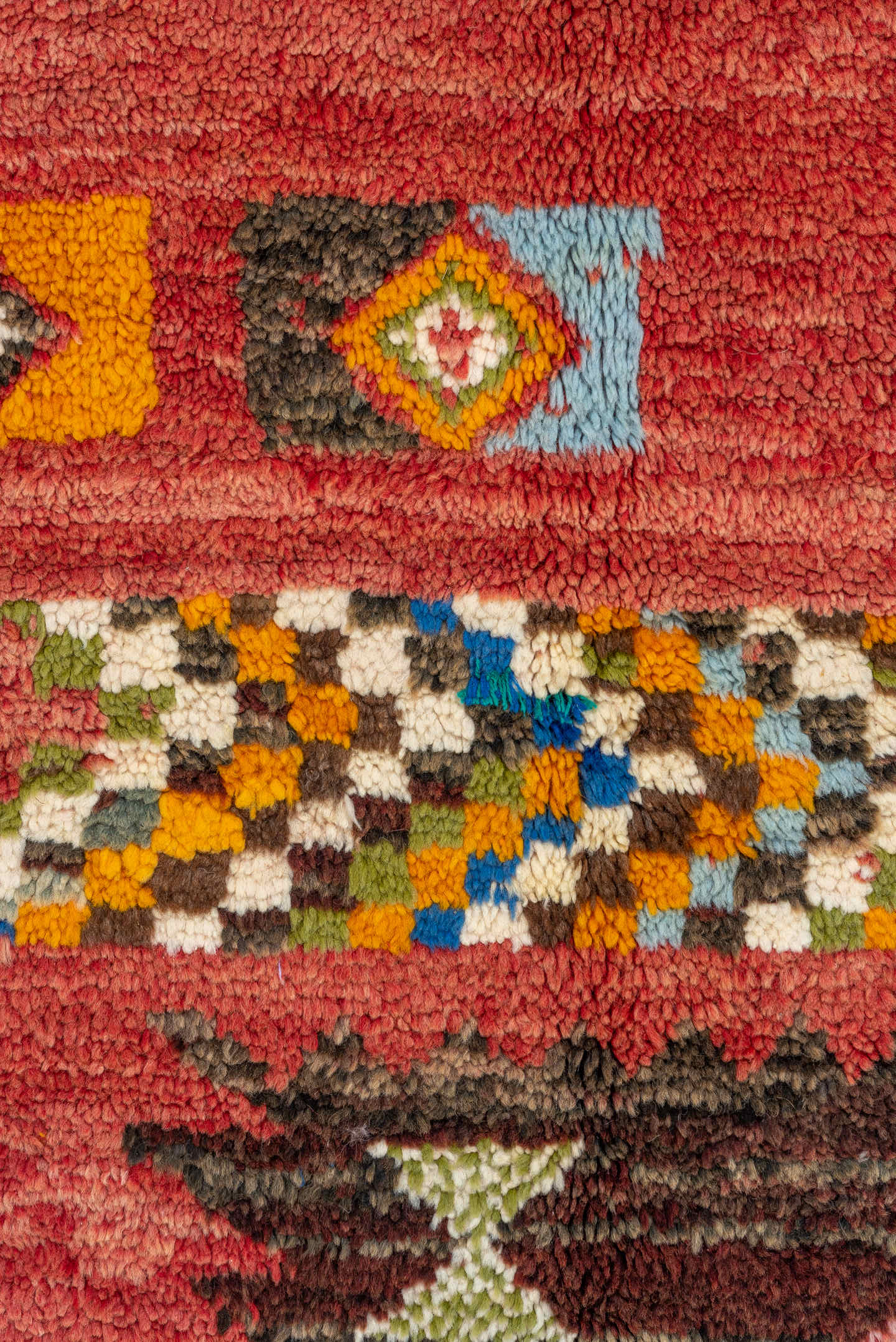 5' x 8' one-of-a-kind handmade vintage Moroccan medium size rug. Color palette: rose, brown, ivory, gold, sky_blue, crimson