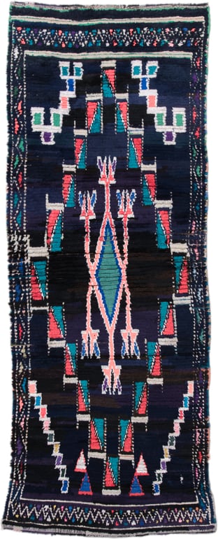 3' x 7' one-of-a-kind handmade vintage Moroccan runner rug. Color palette: navy, black, turquoise, coral, ivory, violet