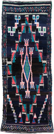 3' x 7' one-of-a-kind handmade vintage Moroccan runner rug. Color palette: navy, black, turquoise, coral, ivory, violet