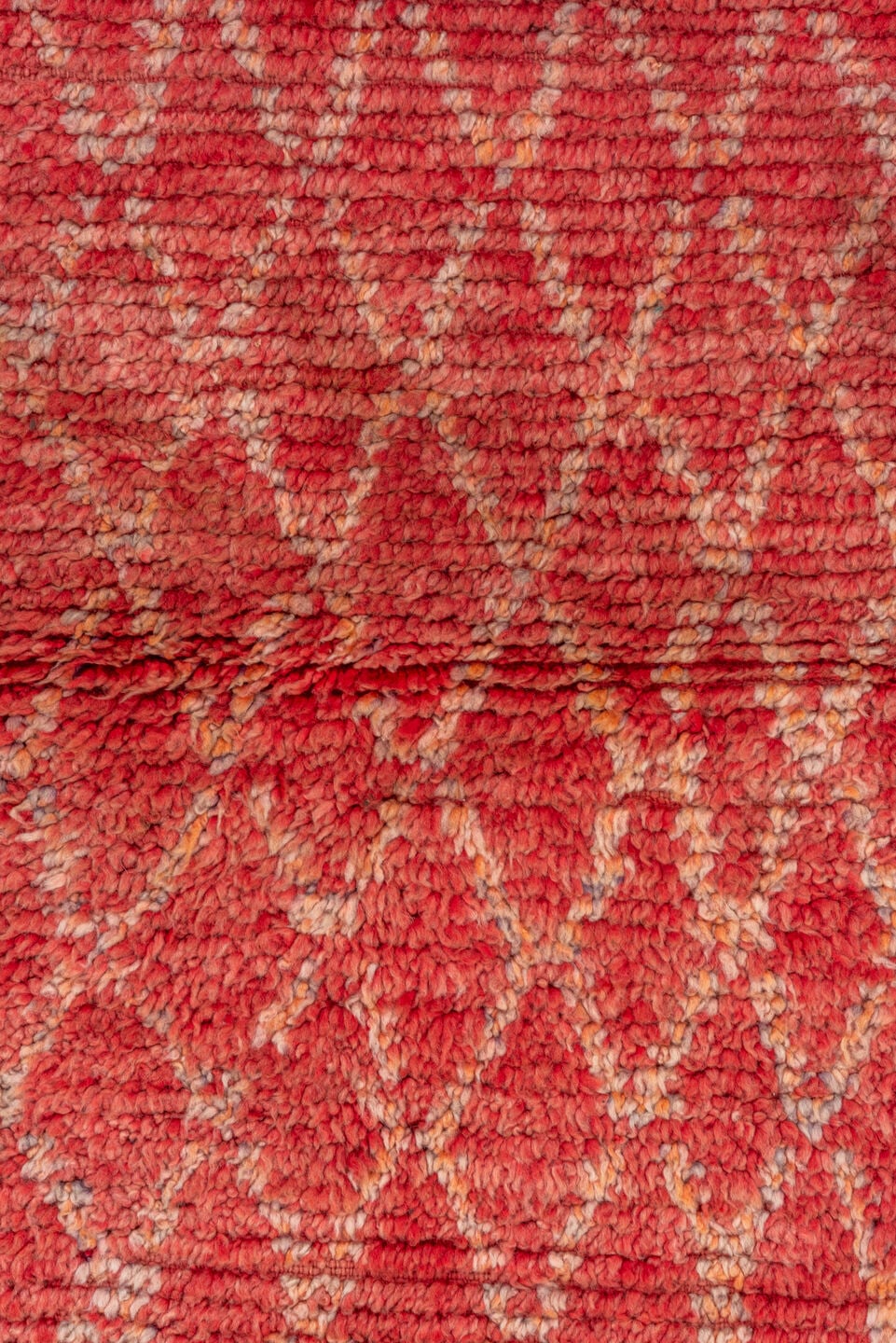 4' x 8' one-of-a-kind handmade vintage Moroccan rug. Color palette: coral, terra cotta, salmon, ivory, rose, terracotta
