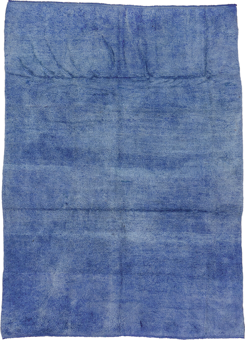 7' x 9' one-of-a-kind handmade antique Moroccan rug. Color palette: blue, cobalt, indigo, purple