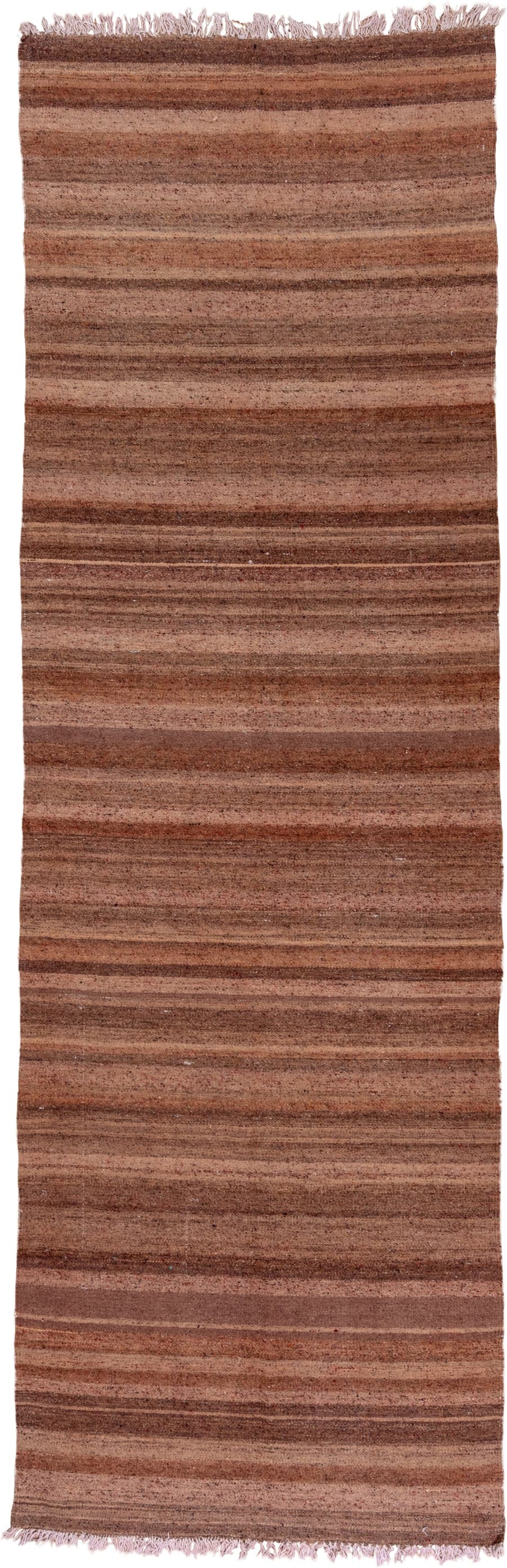4' x 13' one-of-a-kind handmade antique Kilim runner rug. Color palette: brown, taupe, camel, rose, mahogany, beige, gray