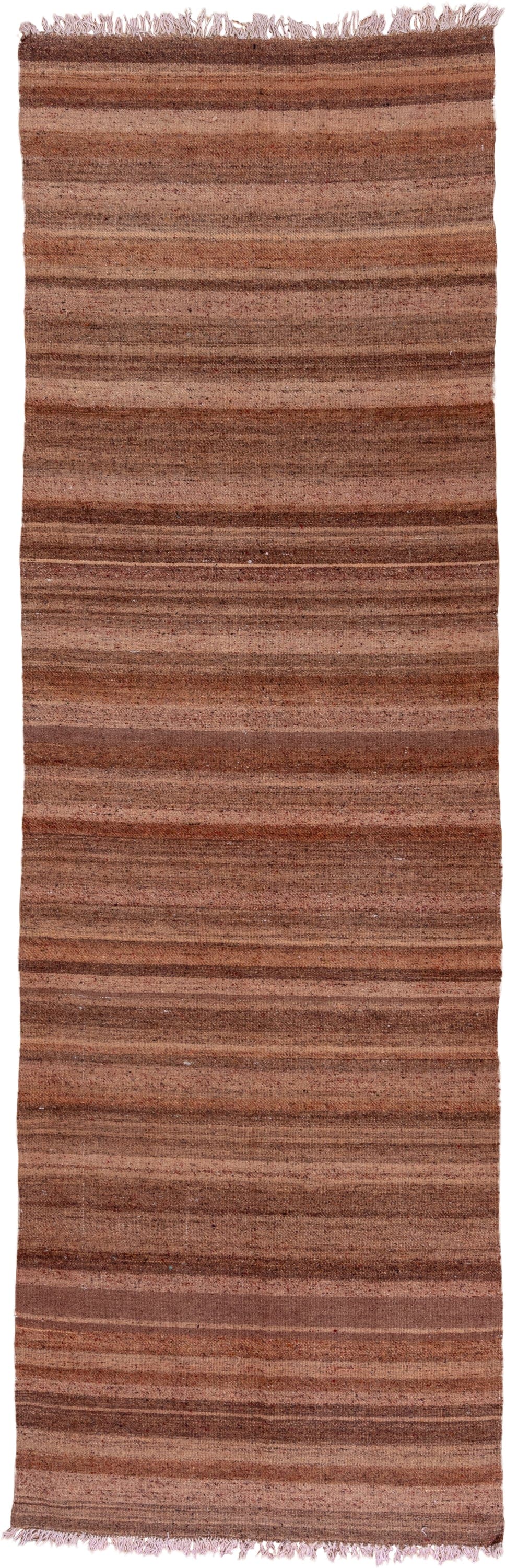 4' x 13' one-of-a-kind handmade antique Kilim runner rug. Color palette: brown, taupe, camel, rose, mahogany, beige, gray