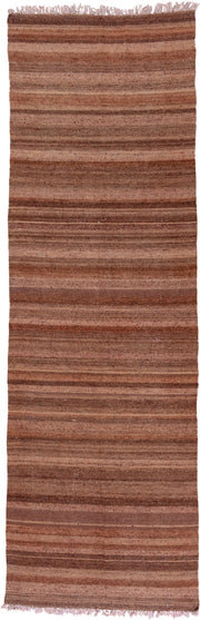 4' x 13' one-of-a-kind handmade antique Kilim runner rug. Color palette: brown, taupe, camel, rose, mahogany, beige, gray
