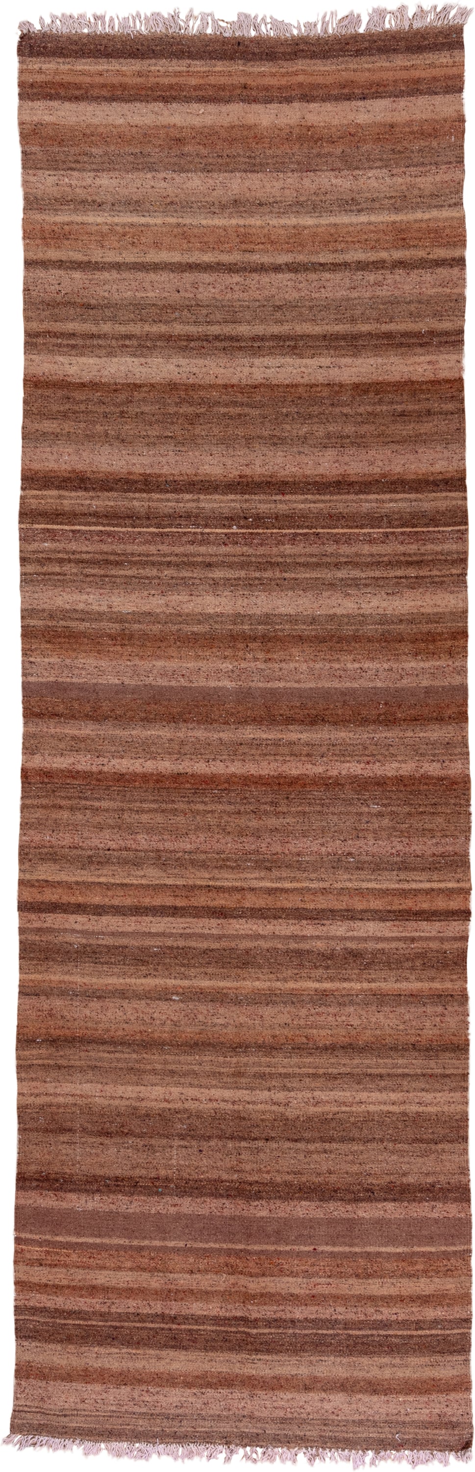 4' x 13' one-of-a-kind handmade antique Kilim runner rug. Color palette: brown, taupe, camel, rose, mahogany, beige, gray