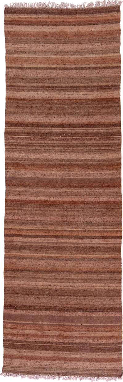 4' x 13' one-of-a-kind handmade antique Kilim runner rug. Color palette: brown, taupe, camel, rose, mahogany, beige, gray