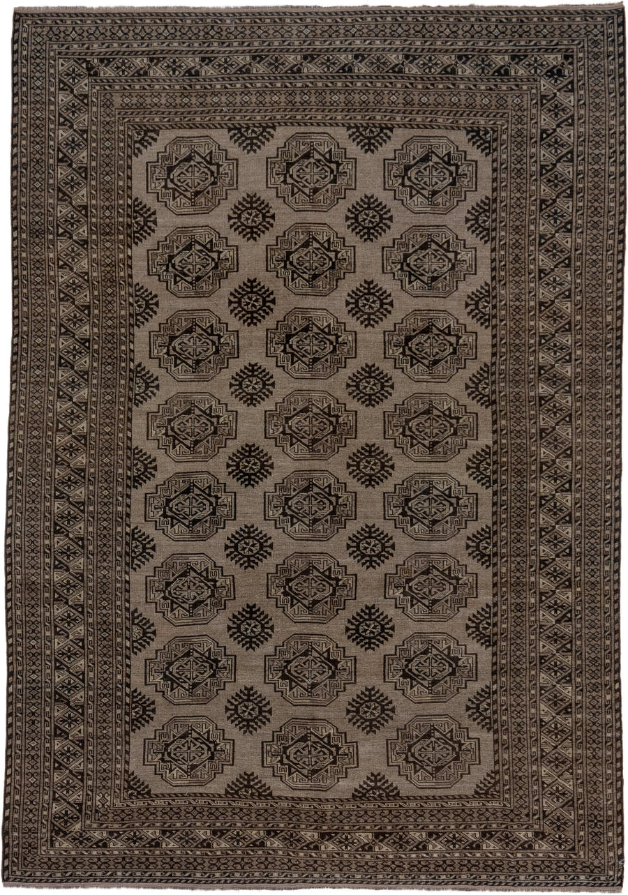 7' x 10' one-of-a-kind handmade antique Afghan large size rug. Color palette: camel, dark brown, taupe, beige, charcoal