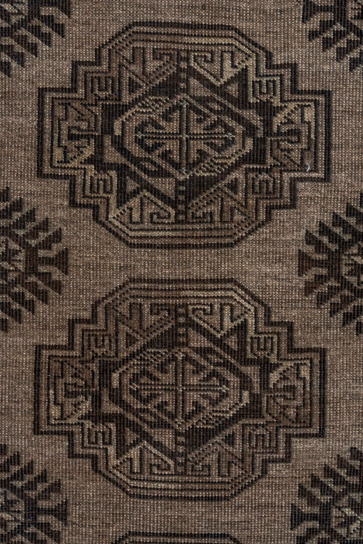 7' x 10' one-of-a-kind handmade antique Afghan large size rug. Color palette: camel, dark brown, taupe, beige, charcoal