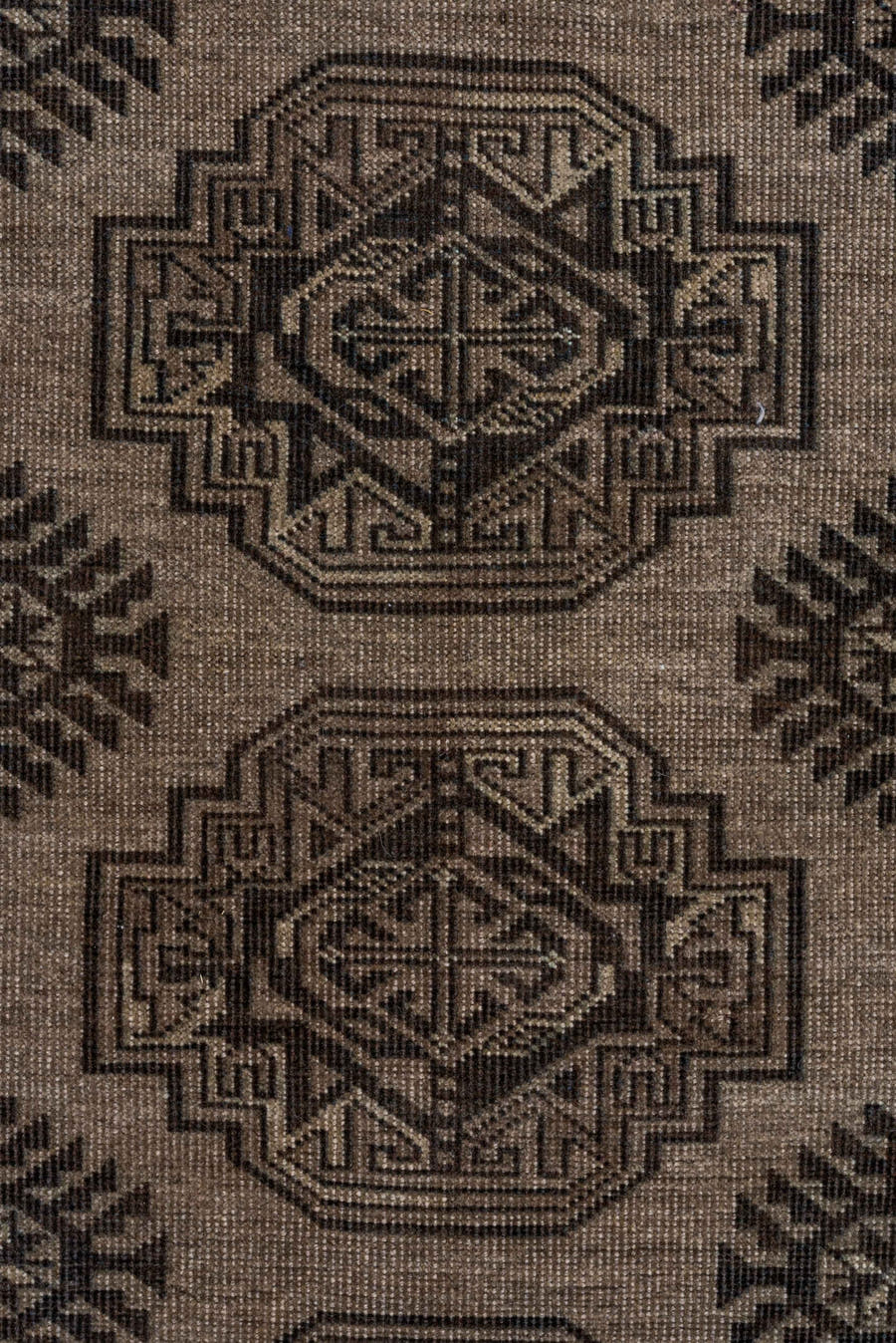 7' x 10' one-of-a-kind handmade antique Afghan large size rug. Color palette: camel, dark brown, taupe, beige, charcoal