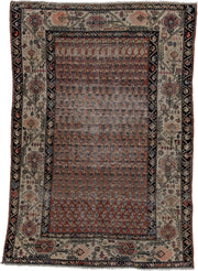 4' x 6' one-of-a-kind handmade vintage Malayer small size rug. Color palette: rust, ivory, navy, rose, taupe, slate, camel