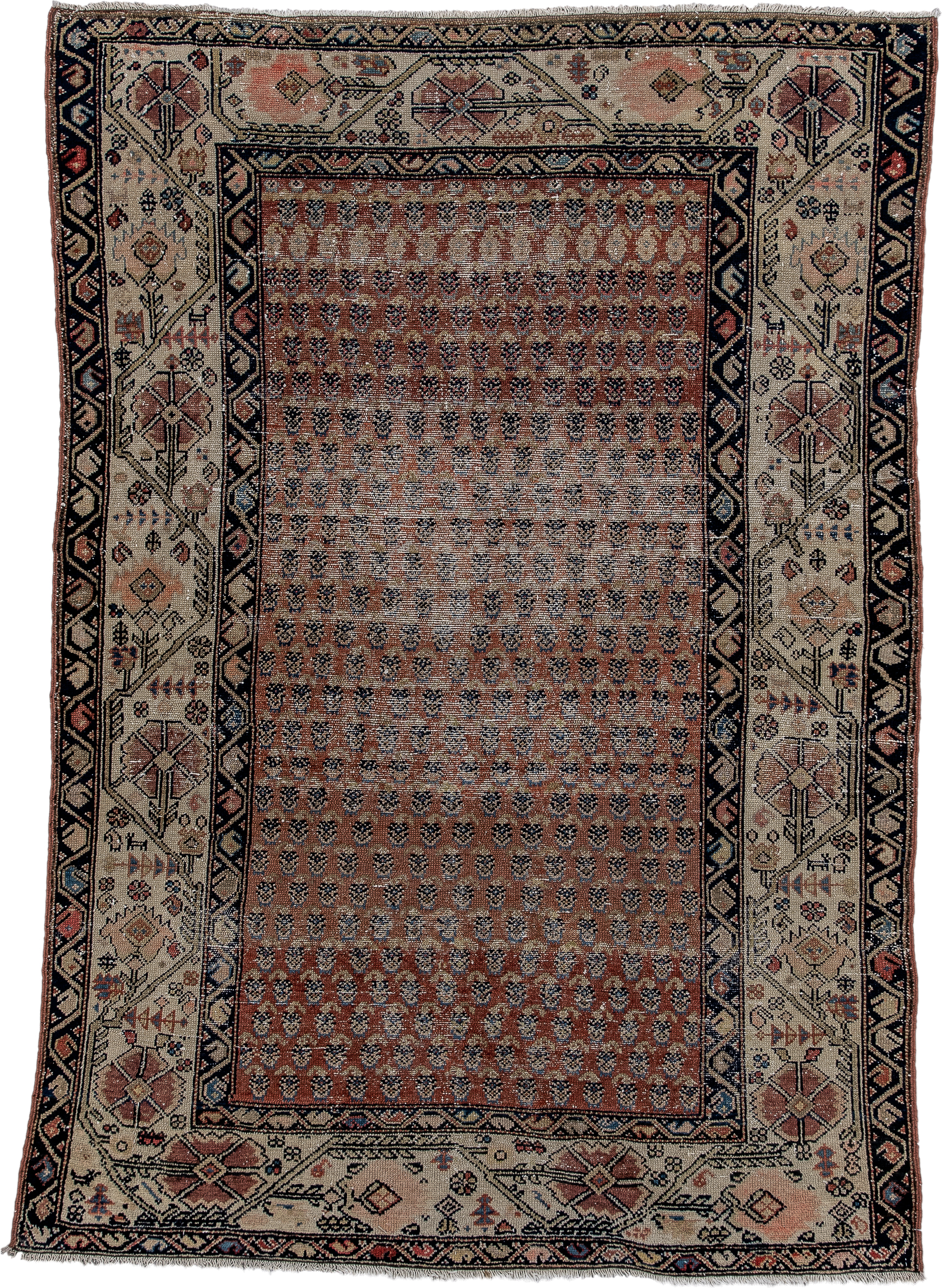 4' x 6' one-of-a-kind handmade vintage Malayer small size rug. Color palette: rust, ivory, navy, rose, taupe, slate, camel