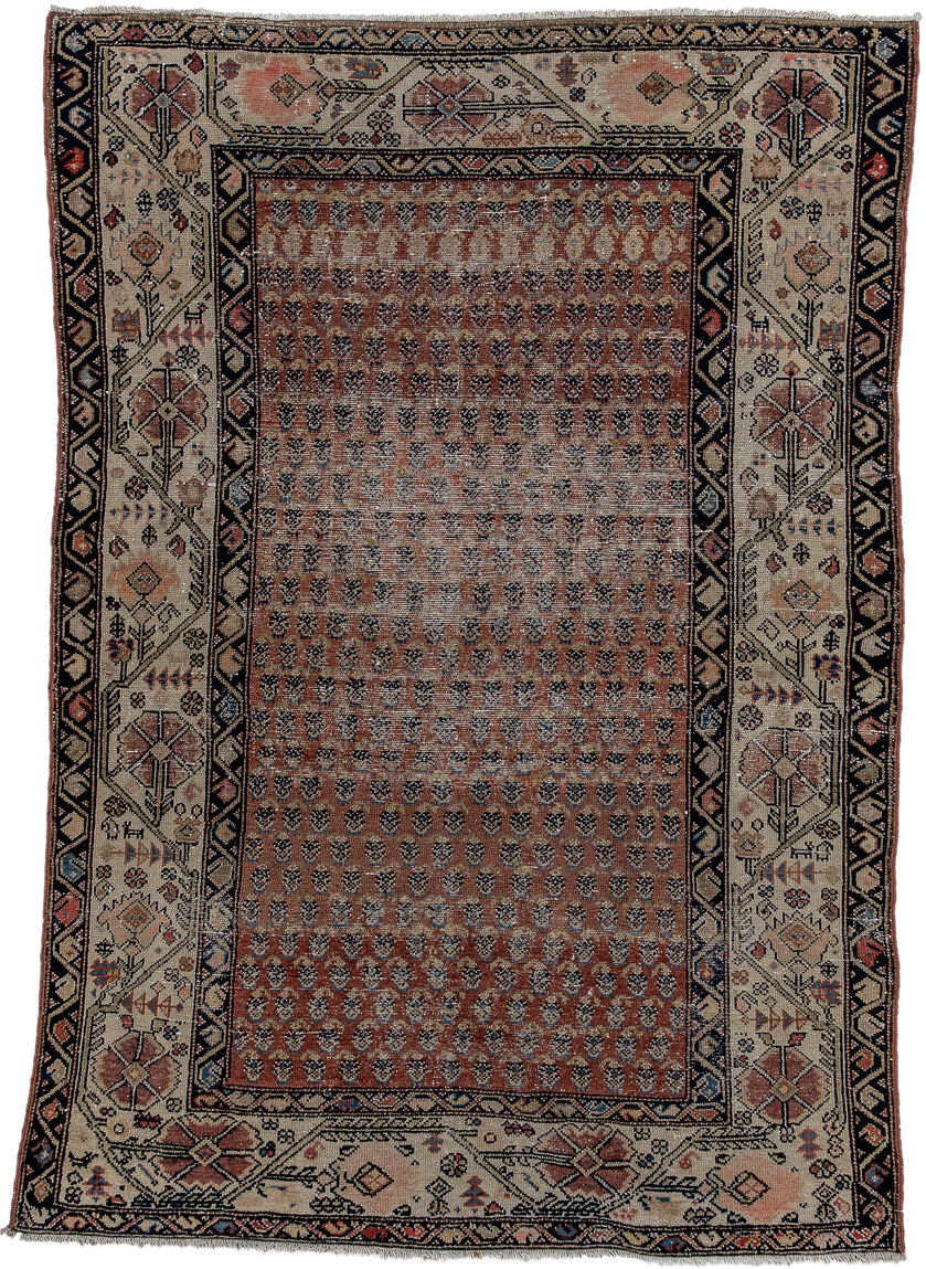4' x 6' one-of-a-kind handmade vintage Malayer small size rug. Color palette: rust, ivory, navy, rose, taupe, slate, camel