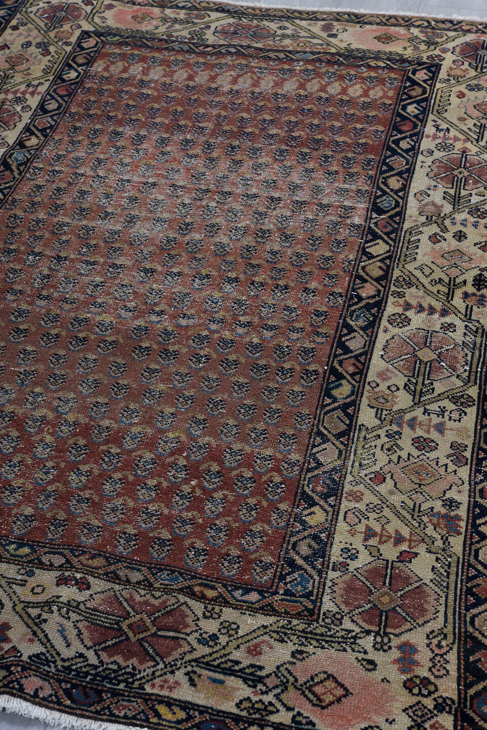 4' x 6' one-of-a-kind handmade vintage Malayer small size rug. Color palette: rust, ivory, navy, rose, taupe, slate, camel