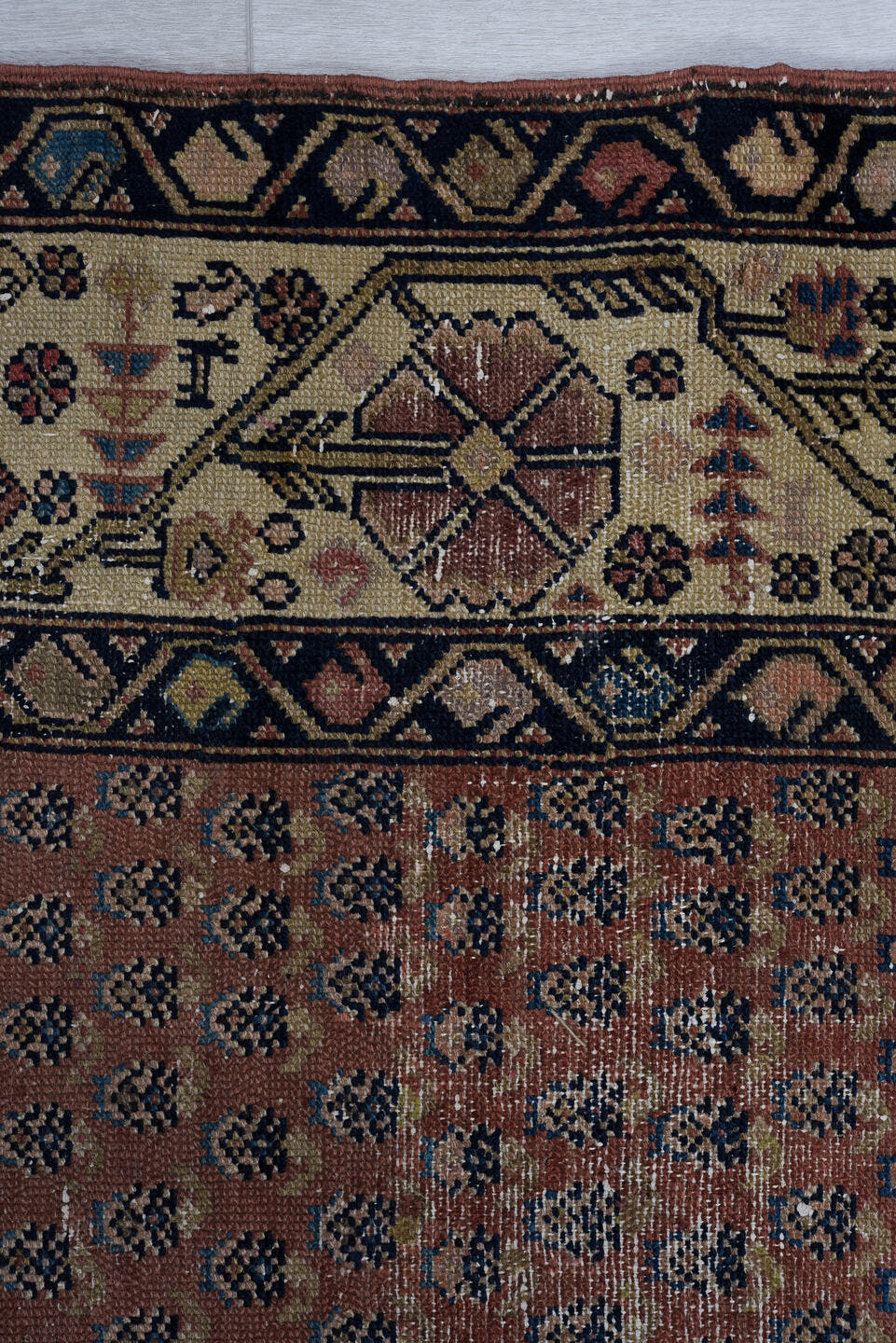 4' x 6' one-of-a-kind handmade vintage Malayer small size rug. Color palette: rust, ivory, navy, rose, taupe, slate, camel