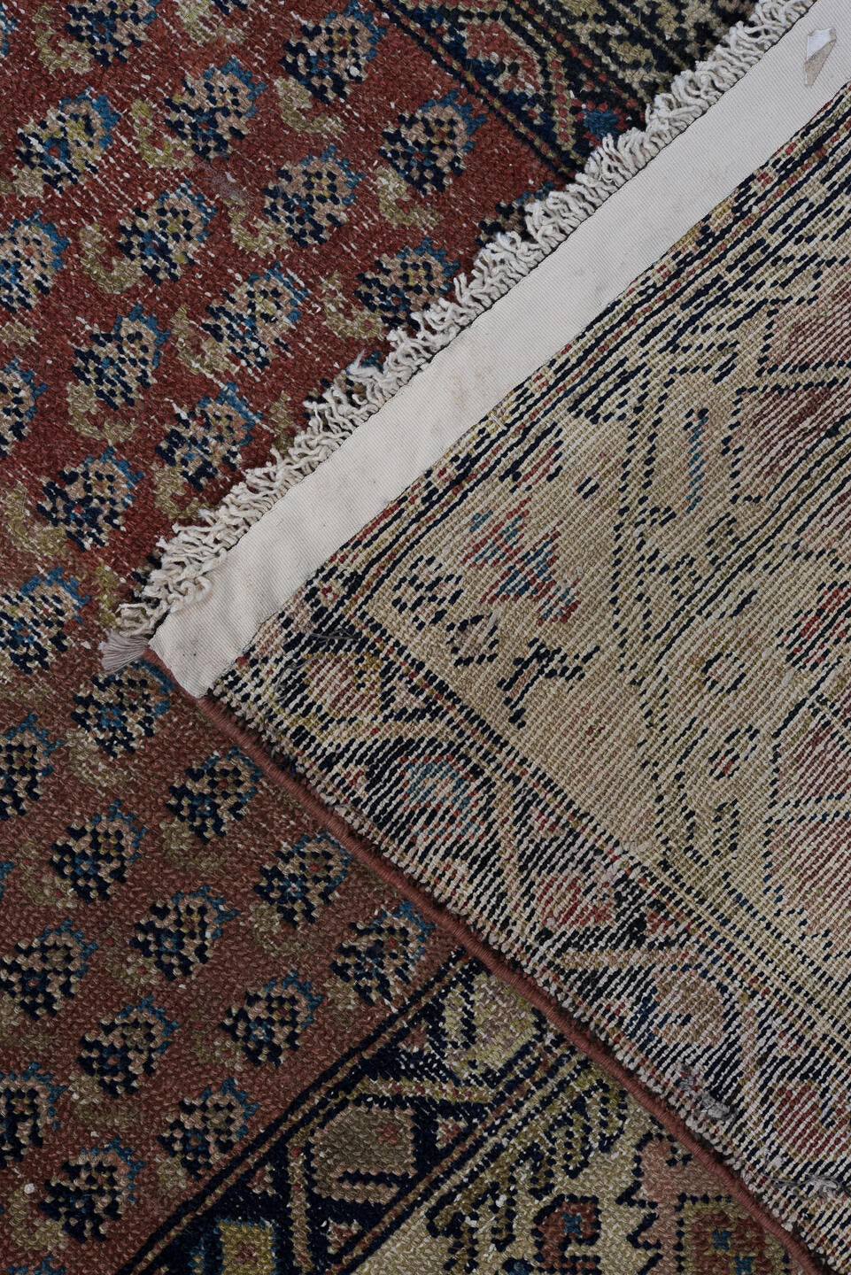 4' x 6' one-of-a-kind handmade vintage Malayer small size rug. Color palette: rust, ivory, navy, rose, taupe, slate, camel