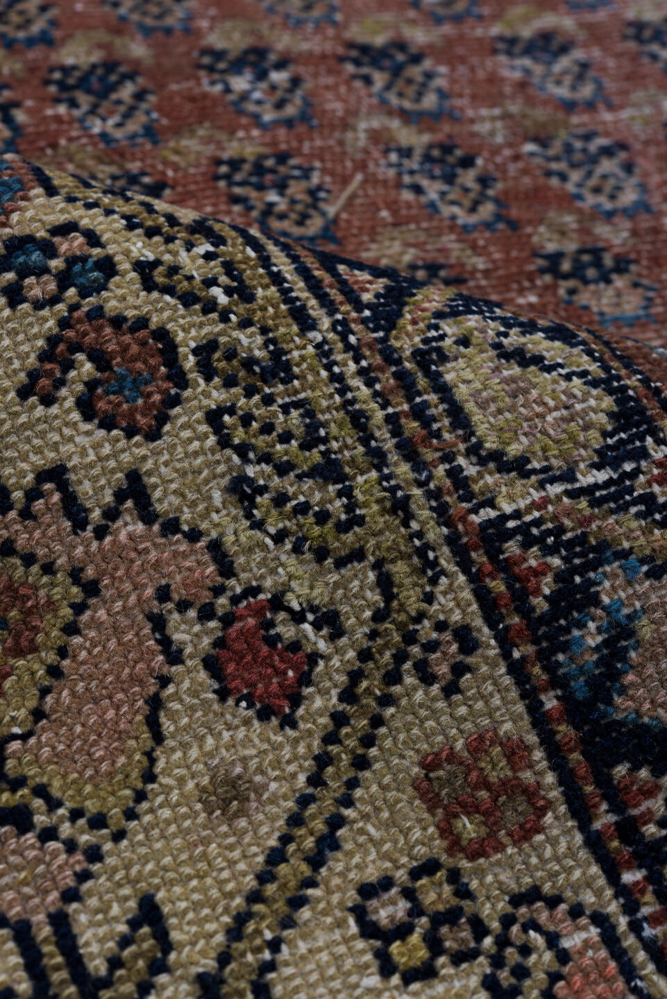 4' x 6' one-of-a-kind handmade vintage Malayer small size rug. Color palette: rust, ivory, navy, rose, taupe, slate, camel
