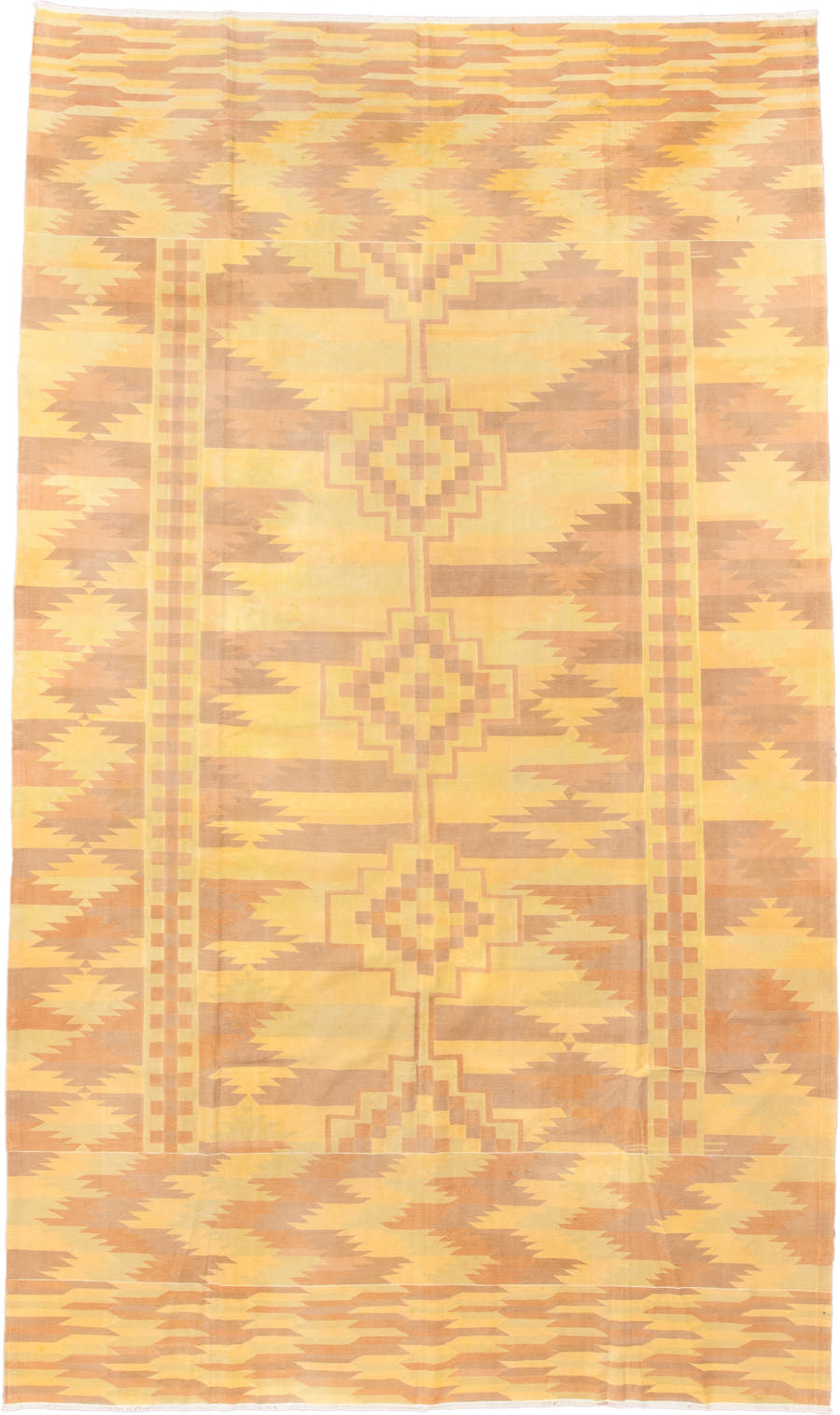 9' x 16' one-of-a-kind handmade antique Dhurrie rug. Color palette: gold, butter yellow, peach, terra cotta, camel