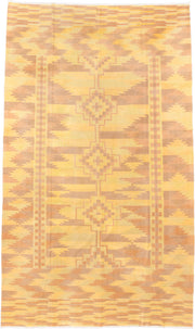 9' x 16' one-of-a-kind handmade antique Dhurrie rug. Color palette: gold, butter yellow, peach, terra cotta, camel
