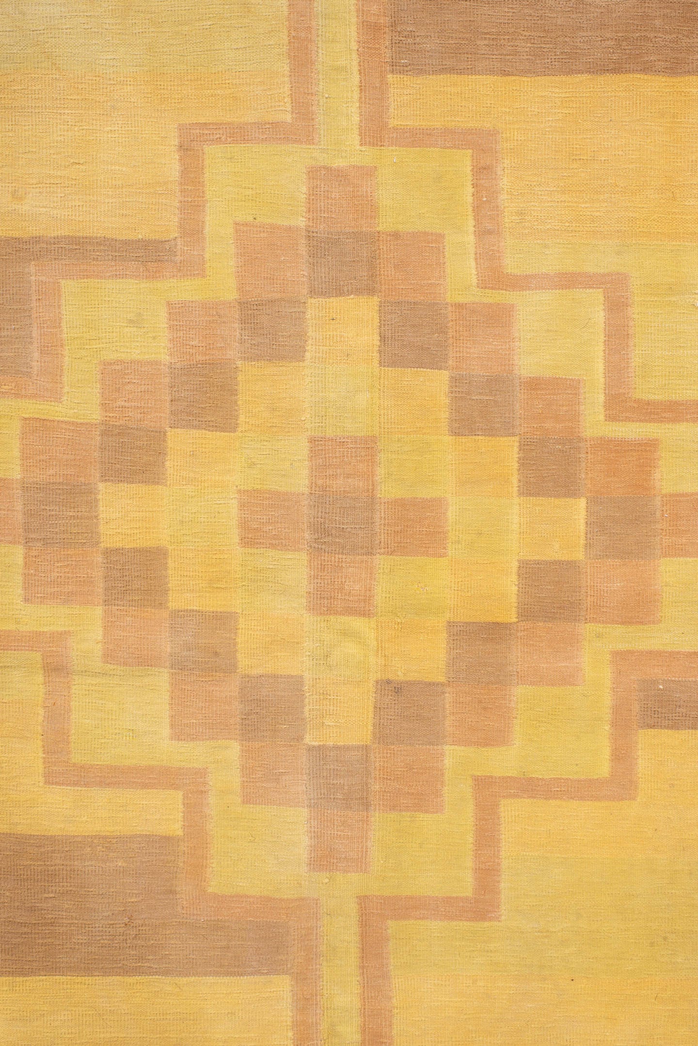 9' x 16' one-of-a-kind handmade antique Dhurrie rug. Color palette: gold, butter yellow, peach, terra cotta, camel