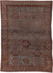 6' x 9' one-of-a-kind handmade antique Belouch rug. Color palette: rust, dusty blue, ivory, taupe, burgundy, brown