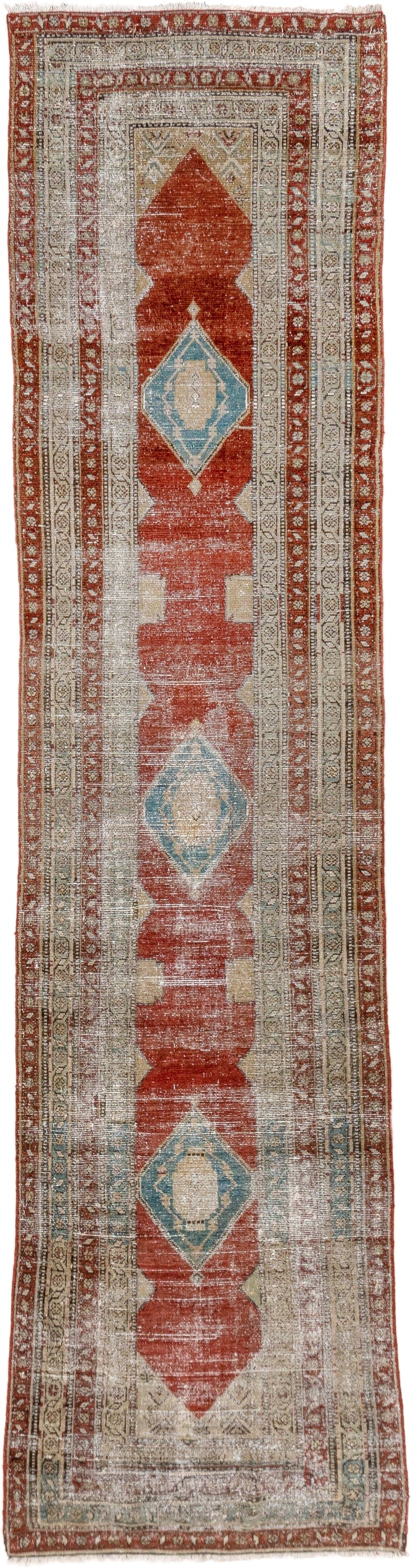 2' x 11' one-of-a-kind handmade antique Malayer runner rug. Color palette: rust, ivory, sky_blue, beige, camel, taupe