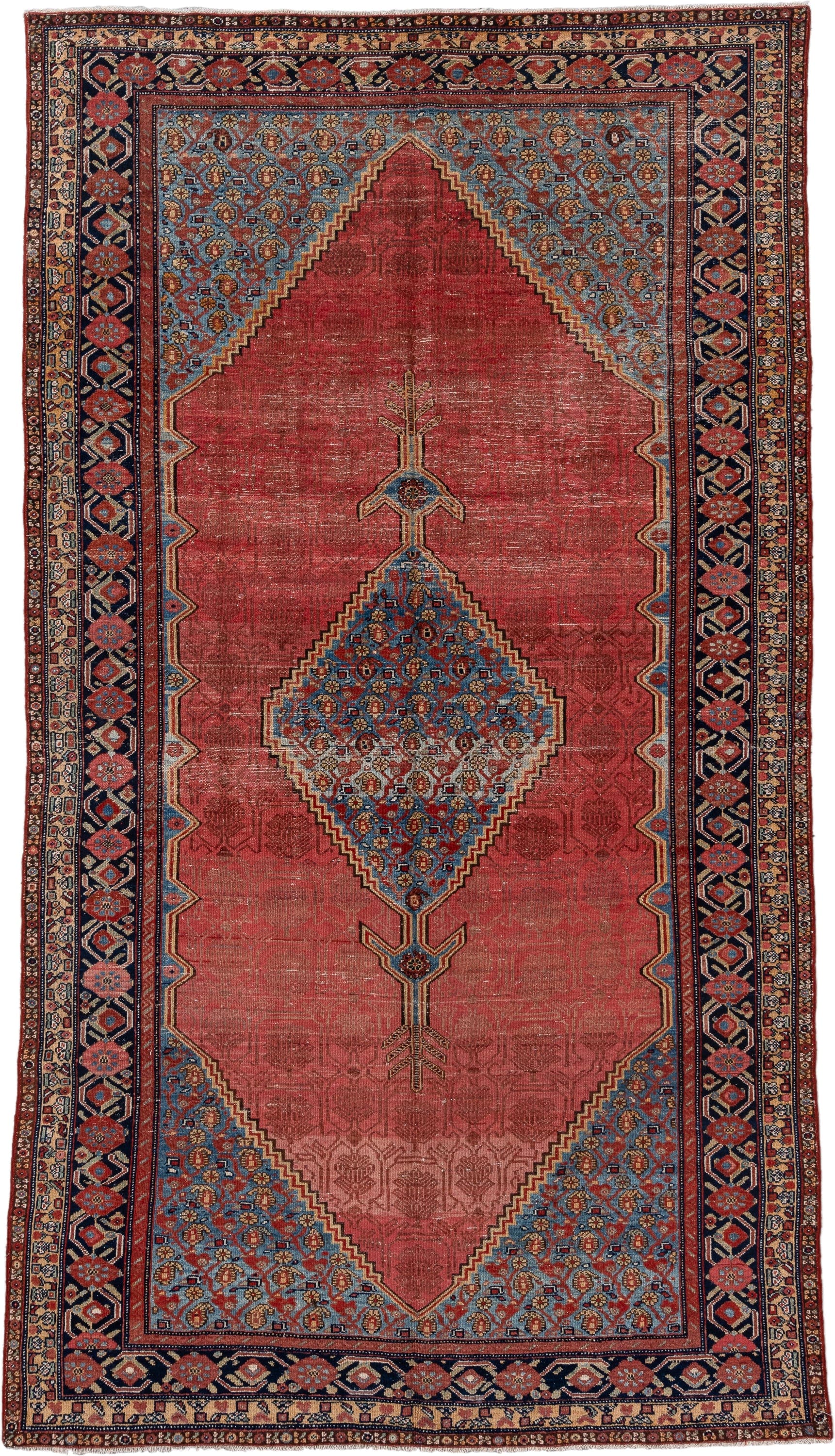 6' x 11' one-of-a-kind handmade antique Malayer large size rug. Color palette: rose, sky blue, indigo, ivory, rust, camel