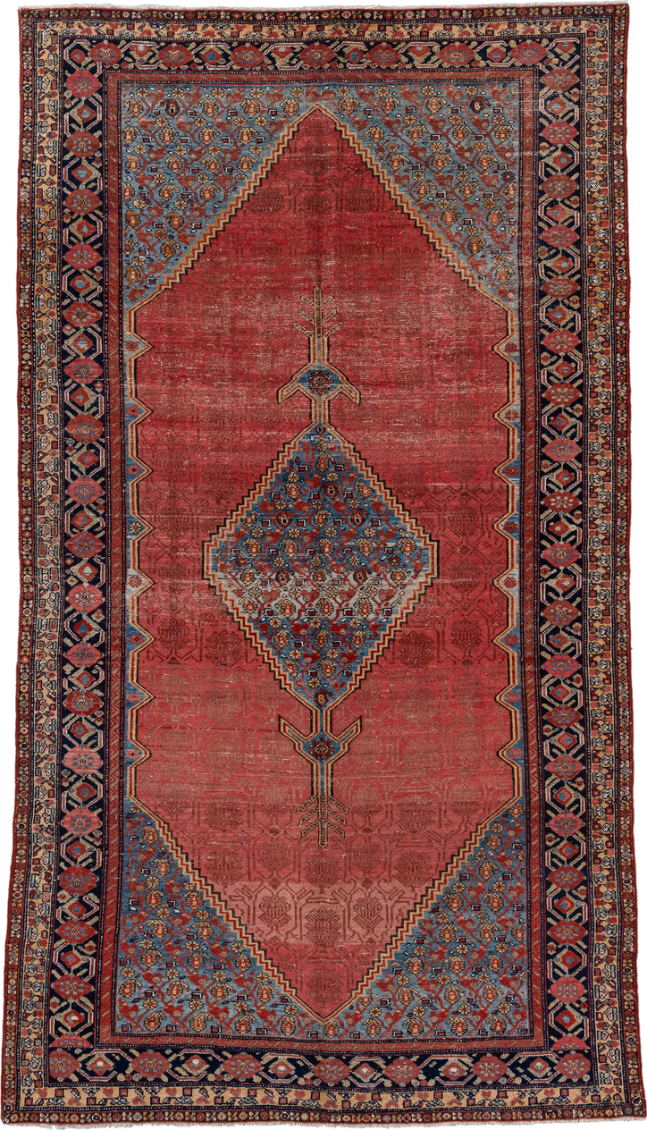 6' x 11' one-of-a-kind handmade antique Malayer large size rug. Color palette: rose, sky blue, indigo, ivory, rust, camel