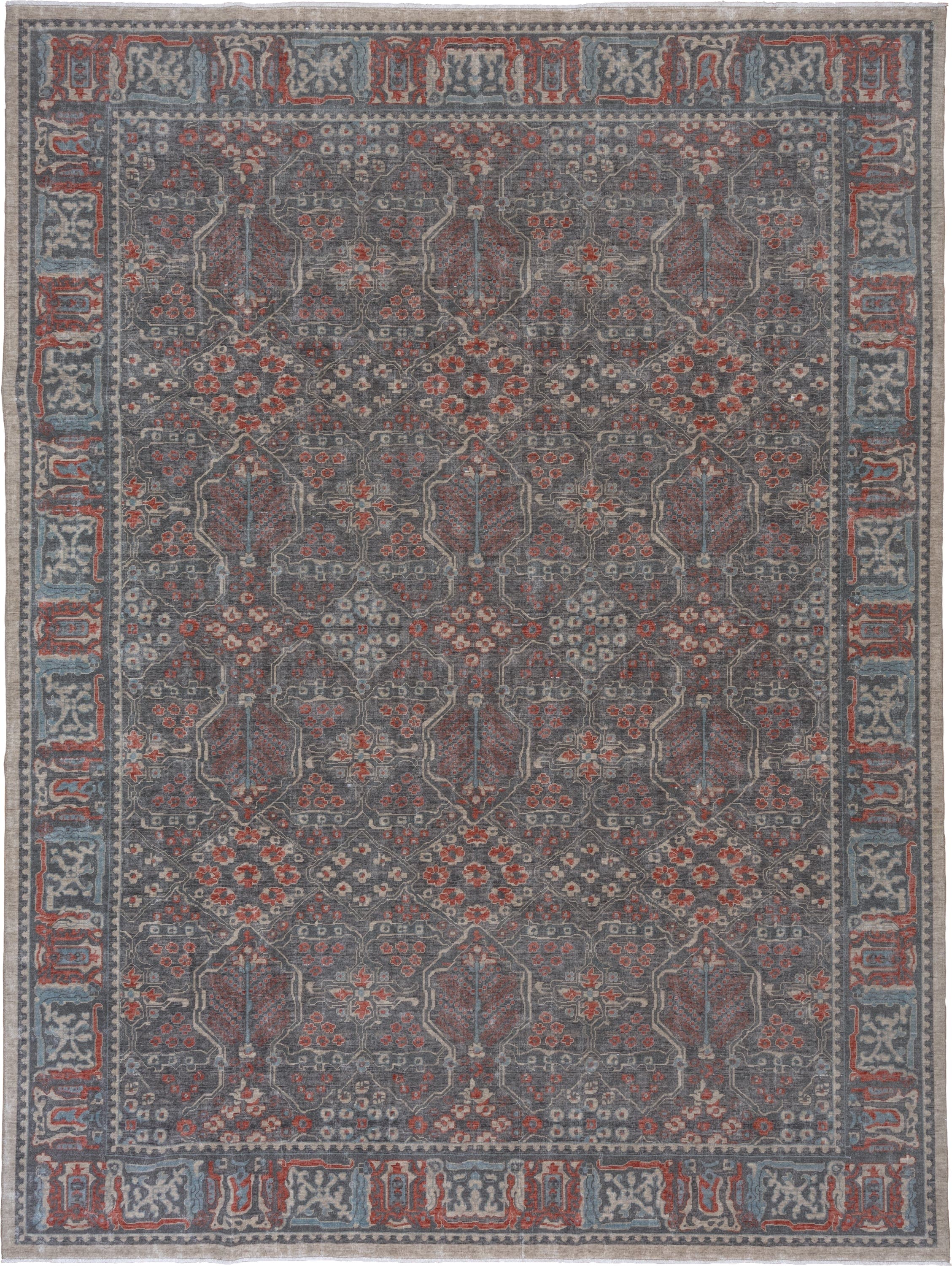 9' x 12' one-of-a-kind handmade machine-made Machine large size rug. Color palette: slate, rust, ivory, blue, taupe