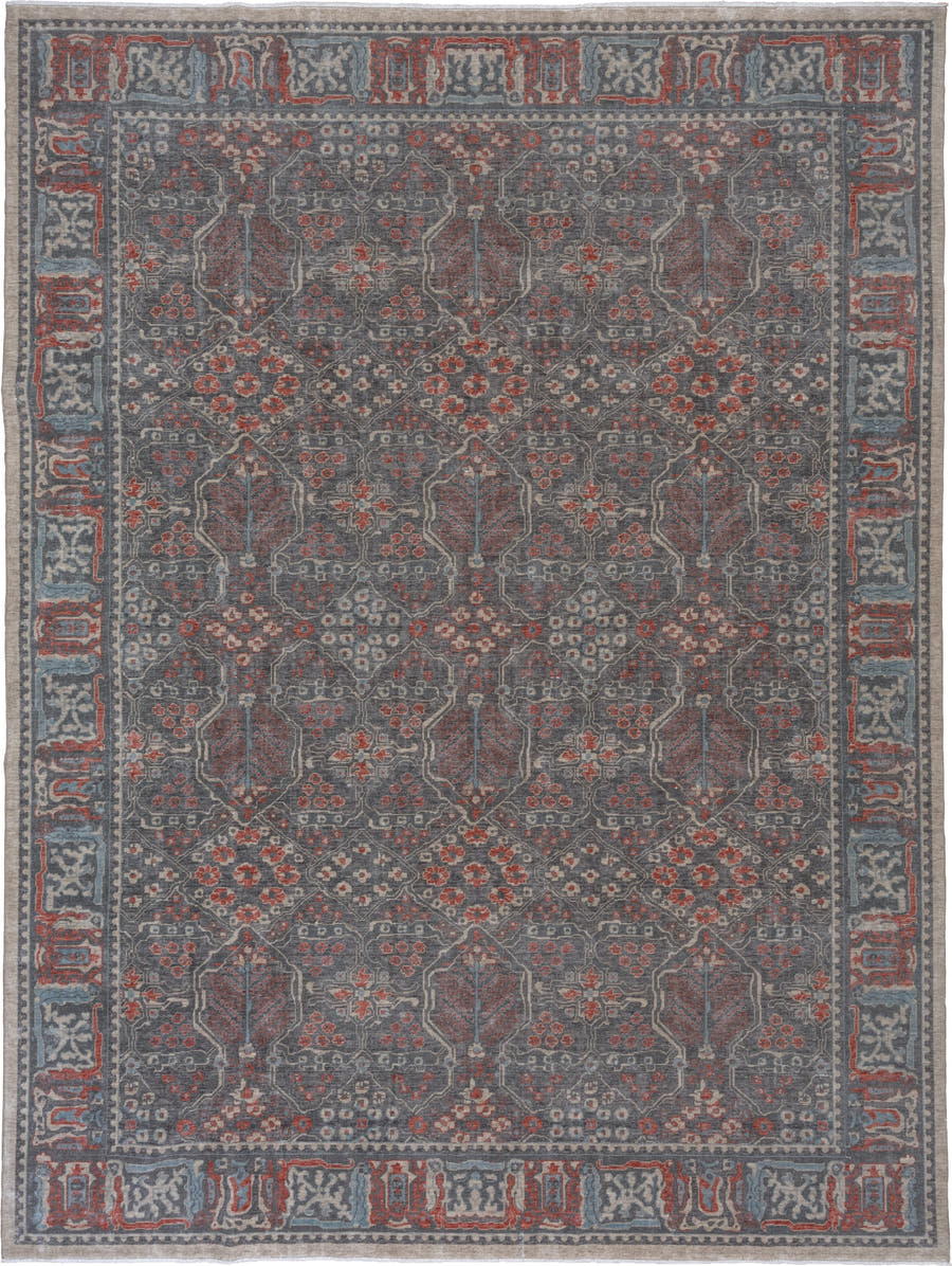 9' x 12' one-of-a-kind handmade machine-made Machine large size rug. Color palette: slate, rust, ivory, blue, taupe