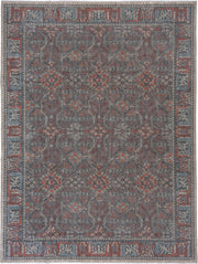 9' x 12' one-of-a-kind handmade machine-made Machine large size rug. Color palette: slate, rust, ivory, blue, taupe