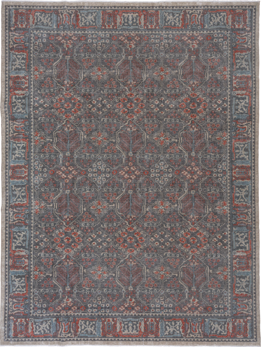 9' x 12' one-of-a-kind handmade machine-made Machine large size rug. Color palette: slate, rust, ivory, blue, taupe