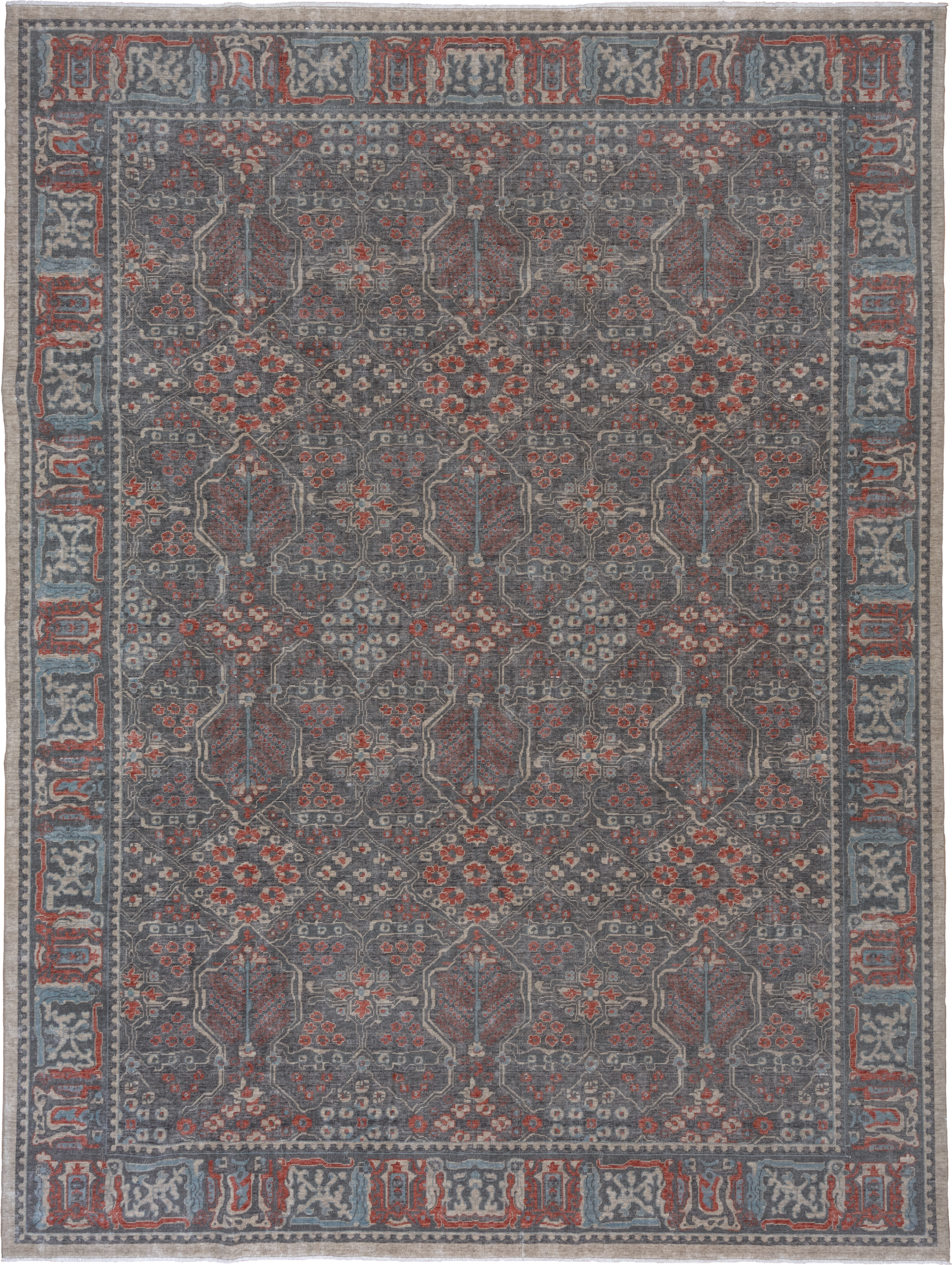 9' x 12' one-of-a-kind handmade machine-made Machine large size rug. Color palette: slate, rust, ivory, blue, taupe