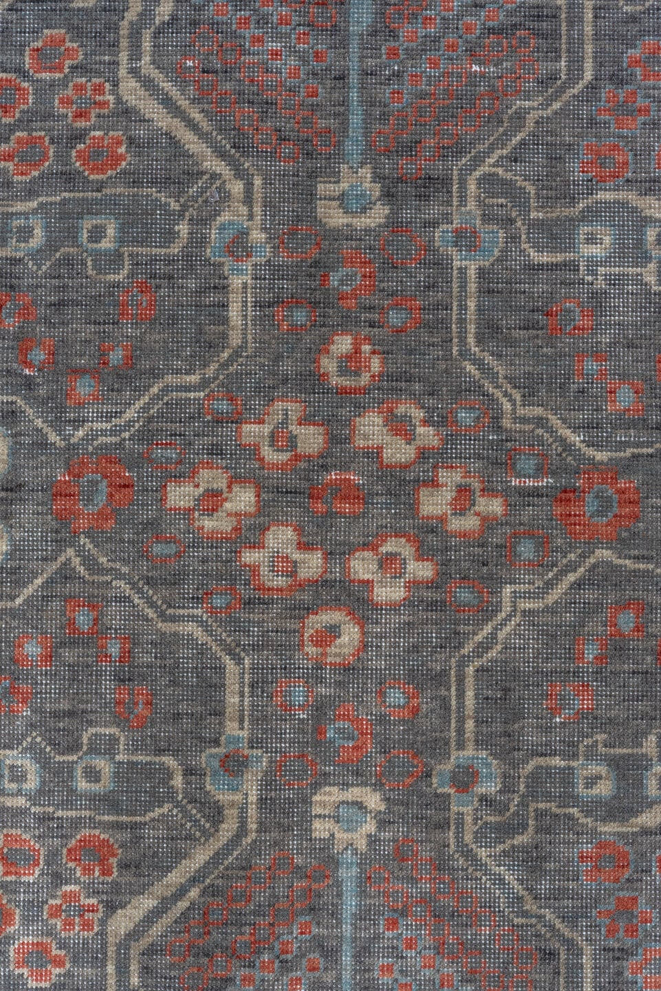 9' x 12' one-of-a-kind handmade machine-made Machine large size rug. Color palette: slate, rust, ivory, blue, taupe