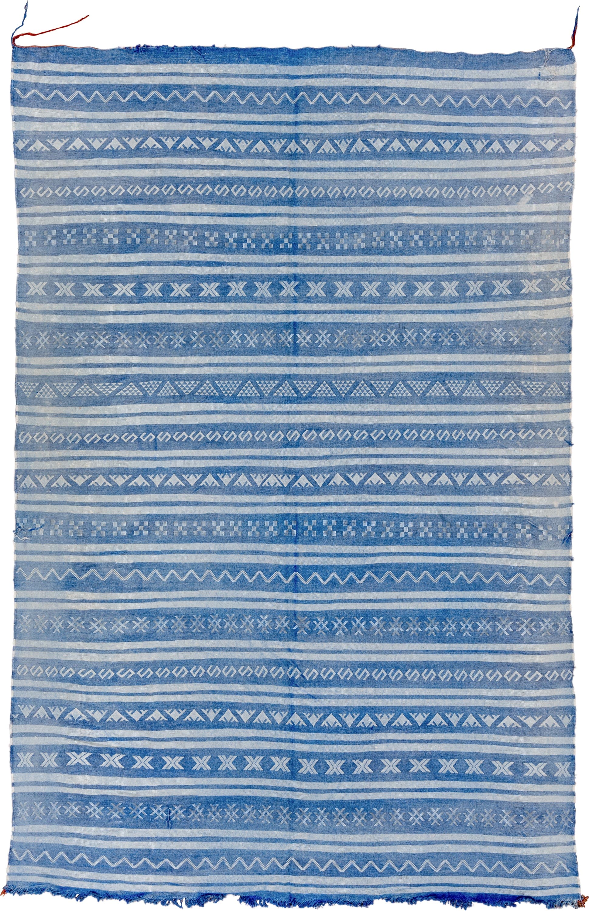 6' x 9' one-of-a-kind handmade vintage Cactus Kilim medium size rug. Color palette: sky blue, ivory, cobalt, powder blue