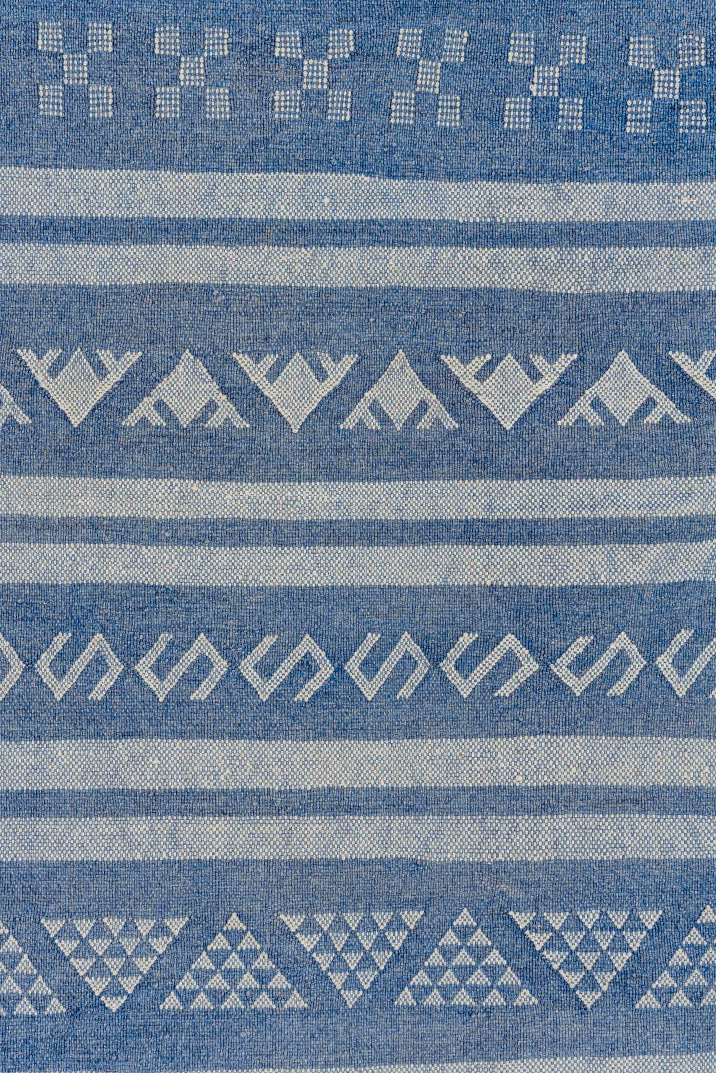 6' x 9' one-of-a-kind handmade vintage Cactus Kilim medium size rug. Color palette: sky blue, ivory, cobalt, powder blue