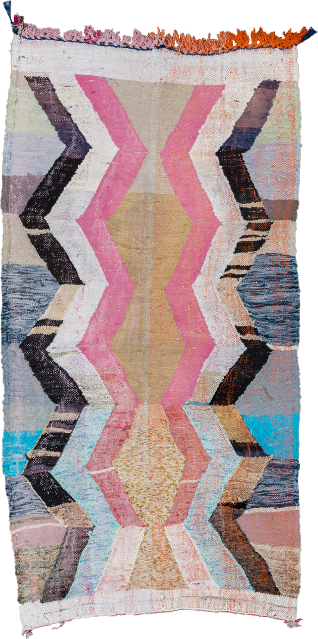 4' x 8' one-of-a-kind handmade vintage Rag Rug rug. Color palette: ivory, pink, tan, charcoal, sky_blue, taupe, orange