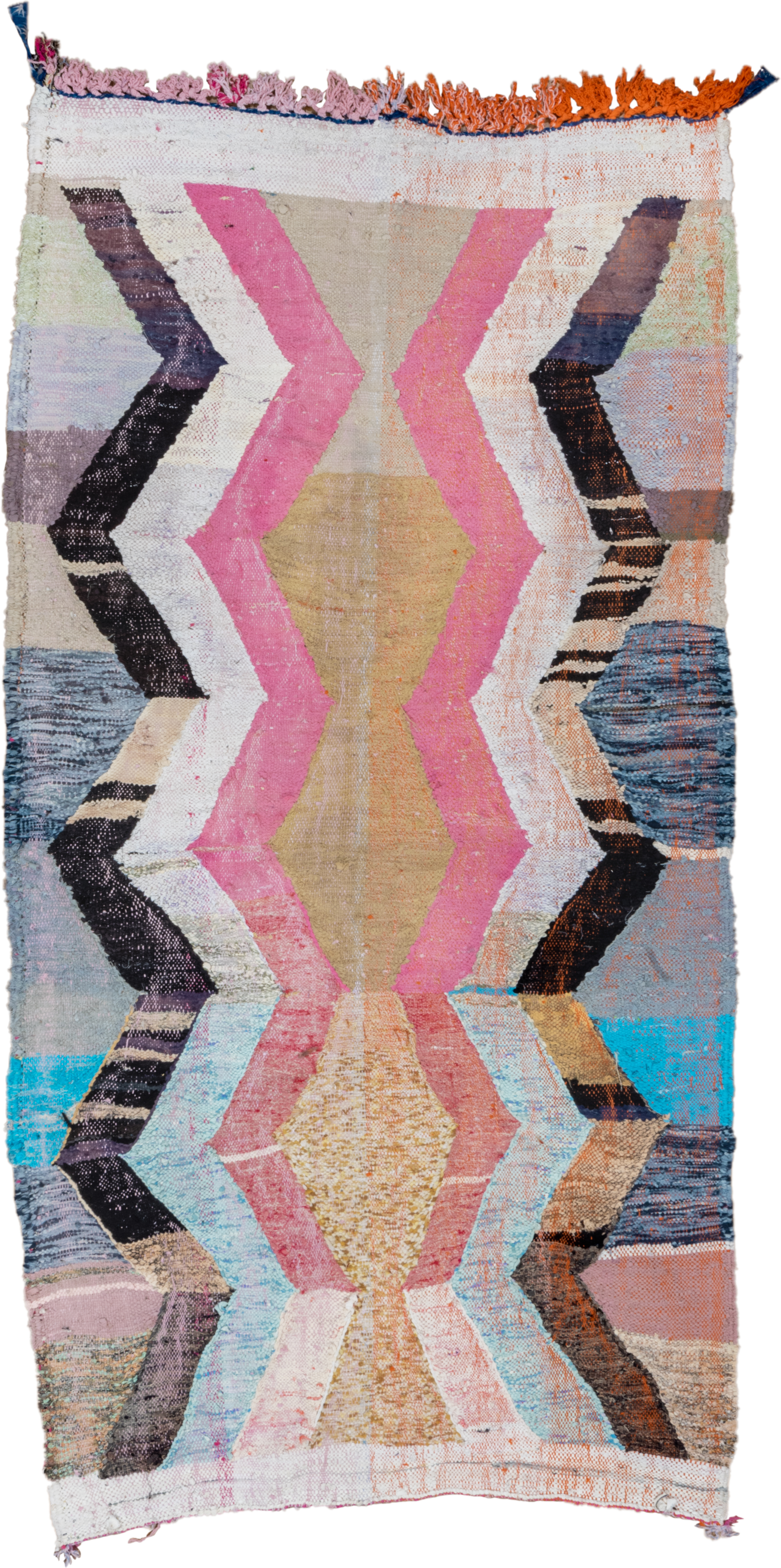 4' x 8' one-of-a-kind handmade vintage Rag Rug rug. Color palette: ivory, pink, tan, charcoal, sky_blue, taupe, orange