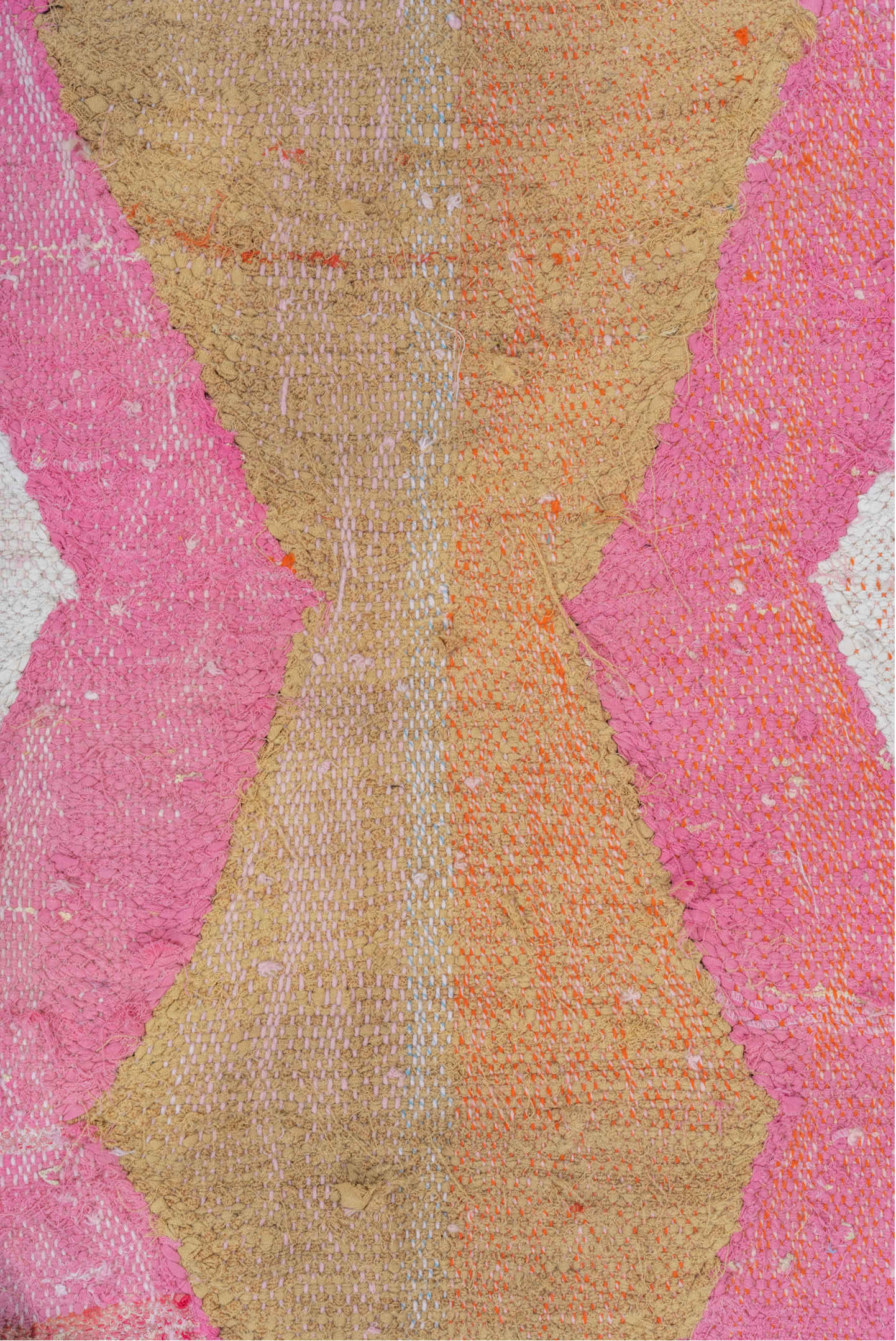 4' x 8' one-of-a-kind handmade vintage Rag Rug rug. Color palette: ivory, pink, tan, charcoal, sky_blue, taupe, orange