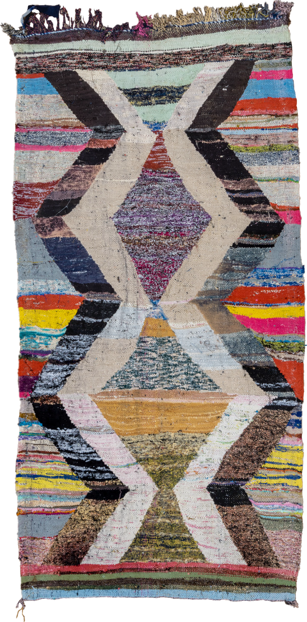 4' x 8' one-of-a-kind handmade vintage Rag Rug runner rug. Color palette: blue, brown, dim gray, fiord, gray, light gray