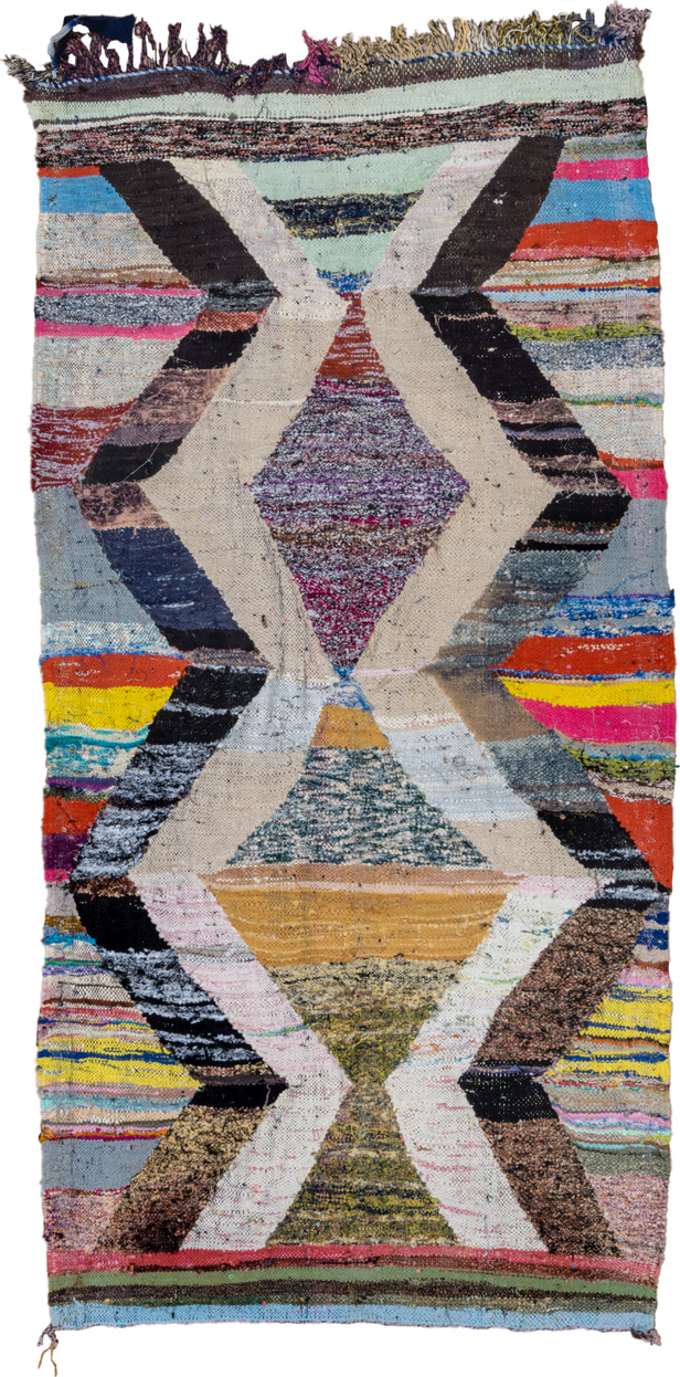 4' x 8' one-of-a-kind handmade vintage Rag Rug runner rug. Color palette: ivory, black, sky_blue, pink, yellow, rust, brown