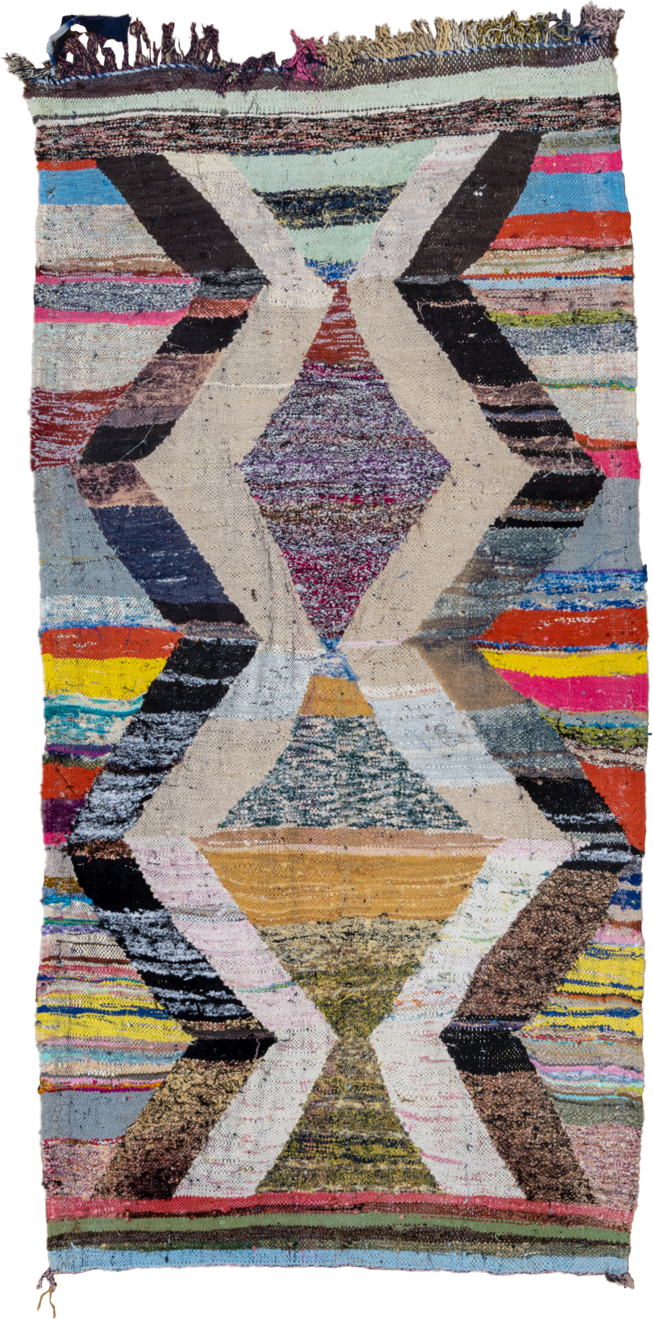 4' x 8' one-of-a-kind handmade vintage Rag Rug runner rug. Color palette: ivory, black, sky_blue, pink, yellow, rust, brown